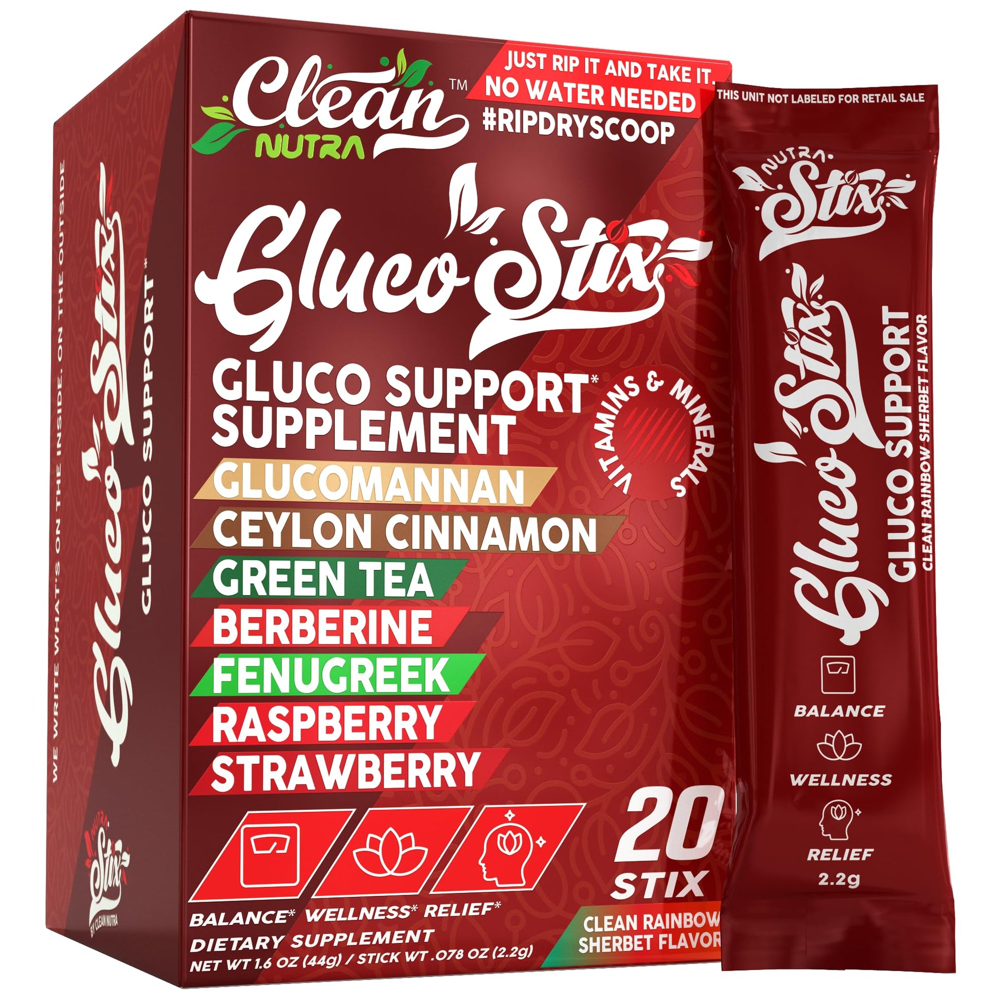 Clean Nutraceuticals Ceylon Cinnamon Powder, Green Tea Extract, Glucomannan, Berberine Supplement, Chromium Picolinate, Apple Cider Vinegar – Rainbow Sherbet Powder Sticks - 20 Count - Medaid International