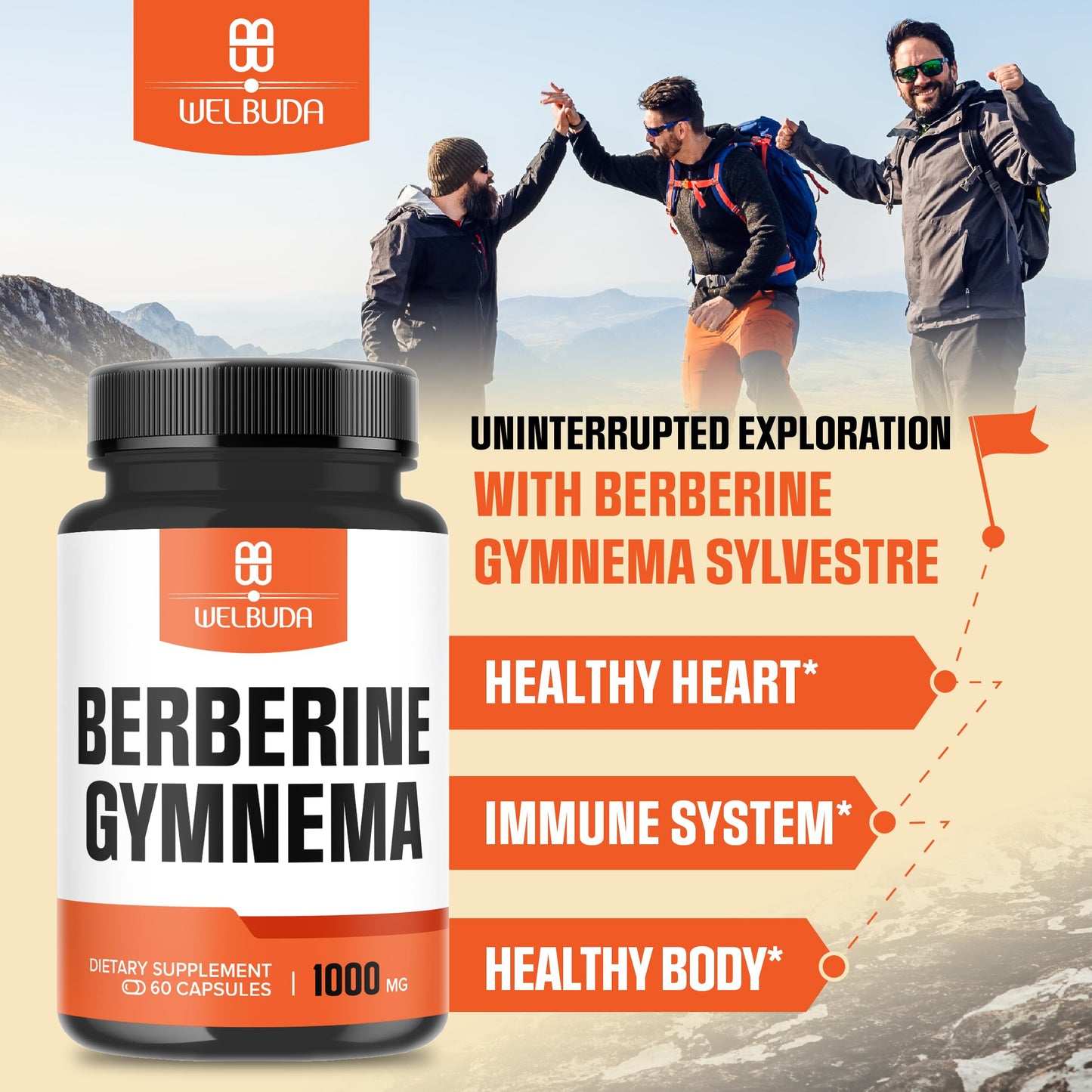 WELBUDA 1000mg Berberine Supplement with Organic Gymnema Sylvestre Leaf - 60 Capsules with High Concentrated Extract - Support for Immune System, Circulatory Health & Gastrointestinal Function - Medaid International