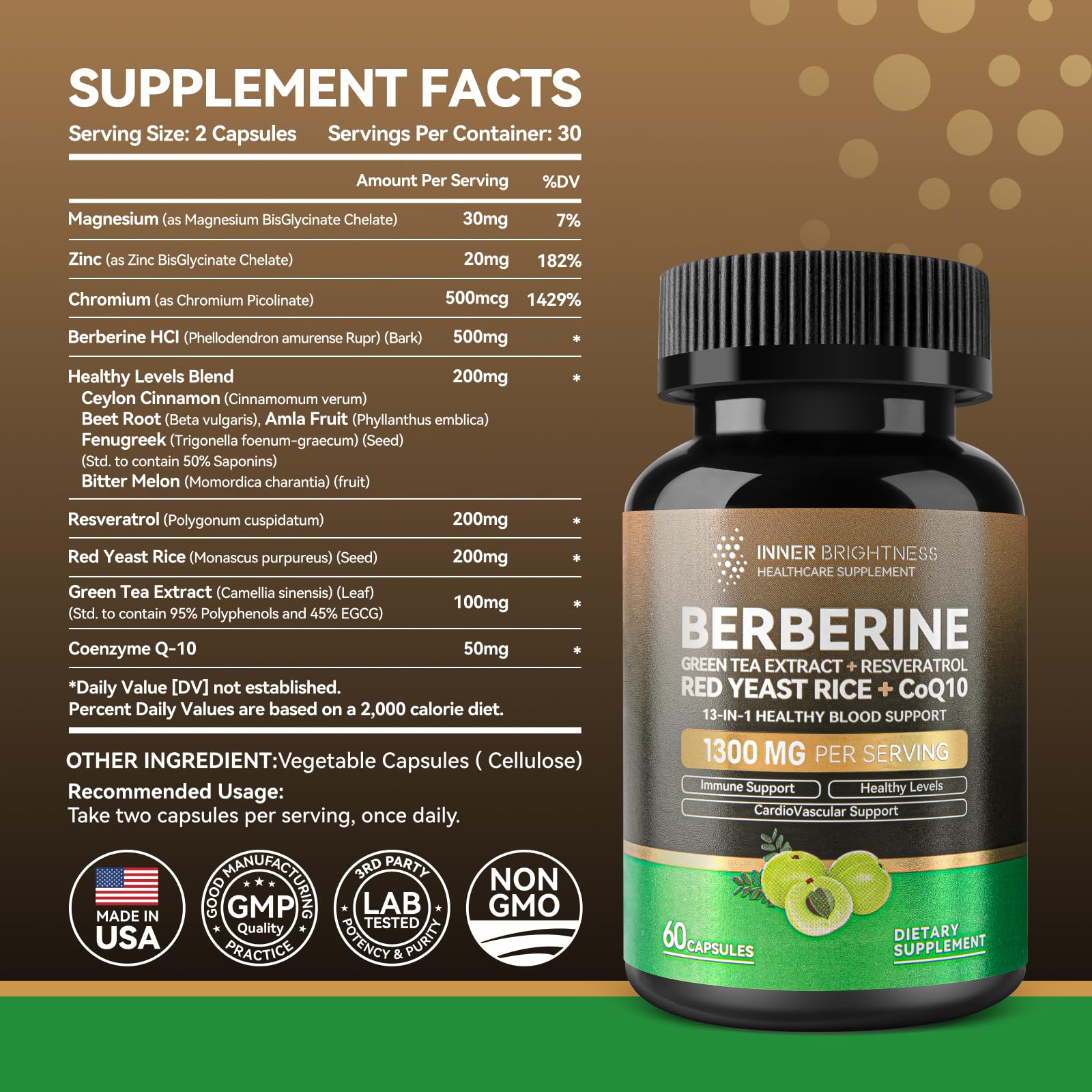 Berberine 1300mg with Green Tea Extract, Resveratrol, Red Yeast Rice & CoQ10 – 13-in-1 Immune Health, Natural Metabolic Support – 60 Capsules – Non-GMO, Lab Tested - Medaid International