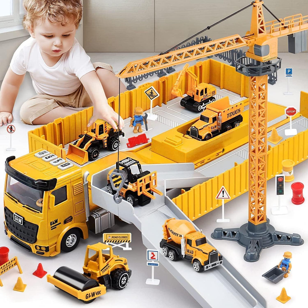 Boy Toys for 3 4 5 6 7 8 Year Old Boys,Kids Construction Vehicles Playset Set for Kids w/Tower Crane, Die-cast Engineering Truck Toys Car for 3+ Year Old Boys Gift