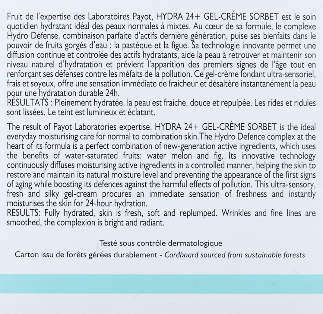 Payot Hydra 24 + - Daily Moisturizing and plumping care - Ideal for Dehydrated, Normal to Combinations Skin. (Creme Sorbet) - Medaid International