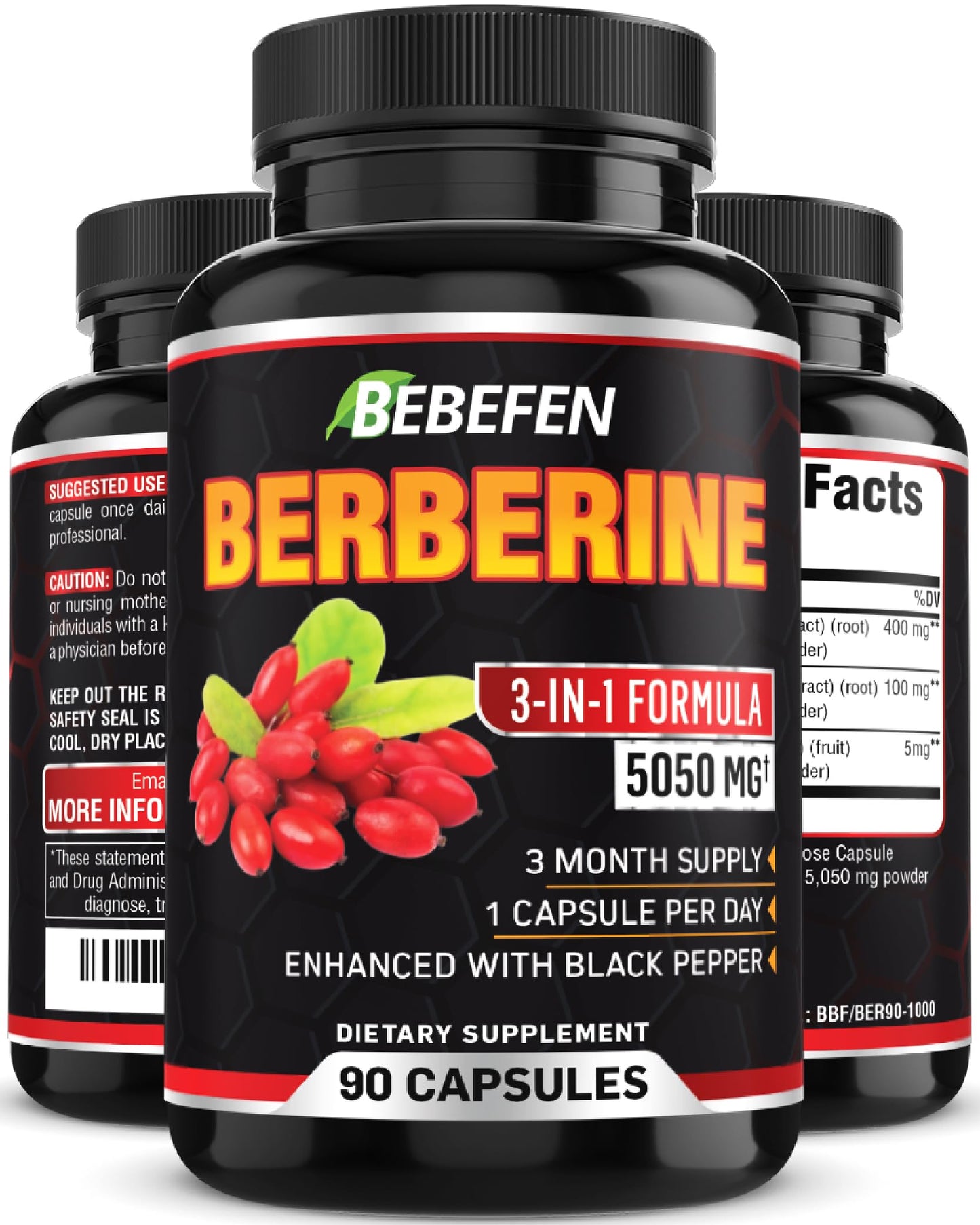 BEBEFEN Berberine Capsules with Black Pepper Extract - 90 Capsules - 3 Month Supply - Medaid International