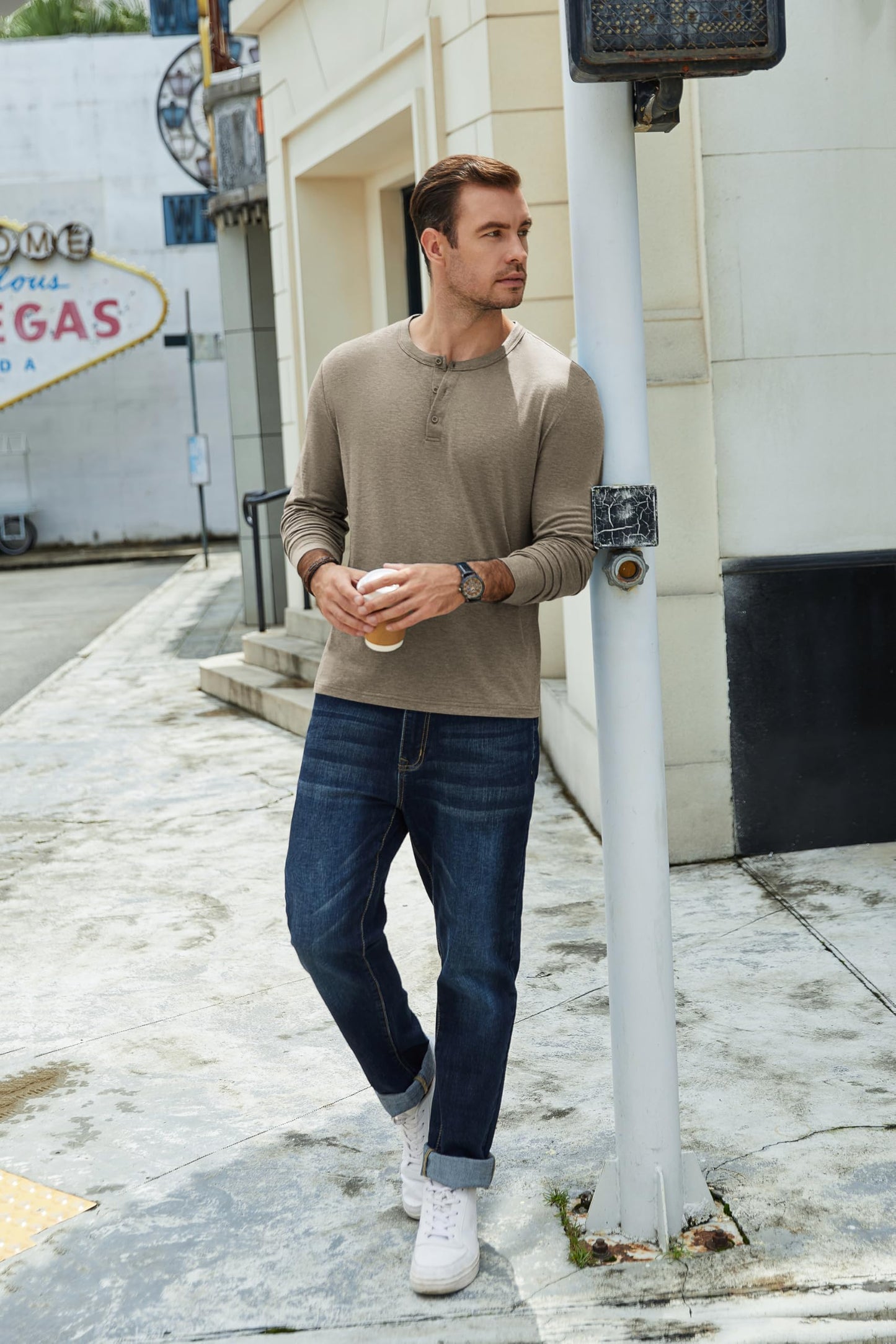 COOFANDY Men's Henley Shirts Long Sleeve Casual Vintage T-Shirt Lightweight Soft Stretch Tees Fall Henley Pullover Tops Khaki - Medaid International