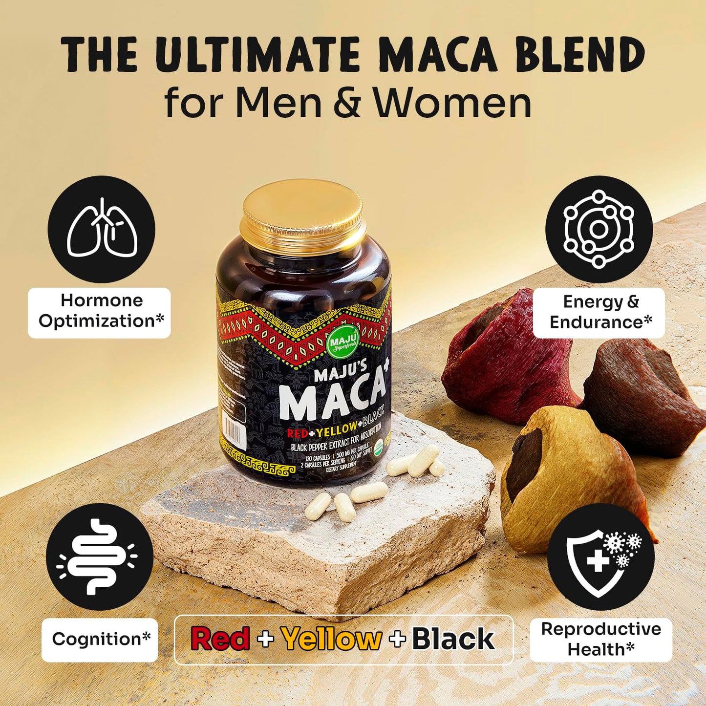 Maju Superfoods 4-in-1 Maca Root Capsules, Organic Black, Yellow & Red Roots w Black Pepper Extract for Absorption (120 ct) | Peru Product, Peruvian Powder, Men & Women Supplement, 60,000 mg - Medaid International