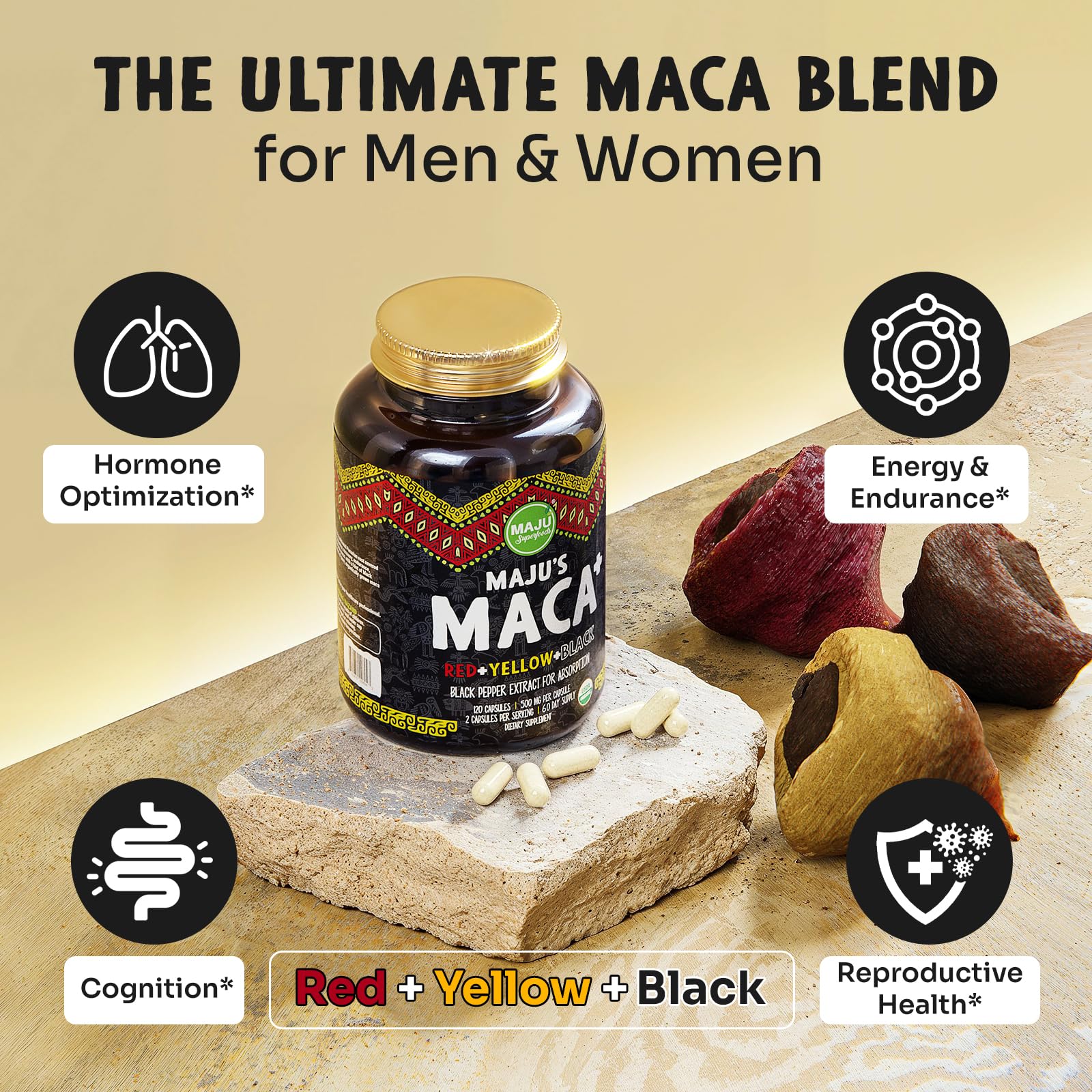 Maju Superfoods 4-in-1 Maca Root Capsules, Organic Black, Yellow & Red Roots w Black Pepper Extract for Absorption (120 ct) | Peru Product, Peruvian Powder, Men & Women Supplement, 60,000 mg - Medaid International