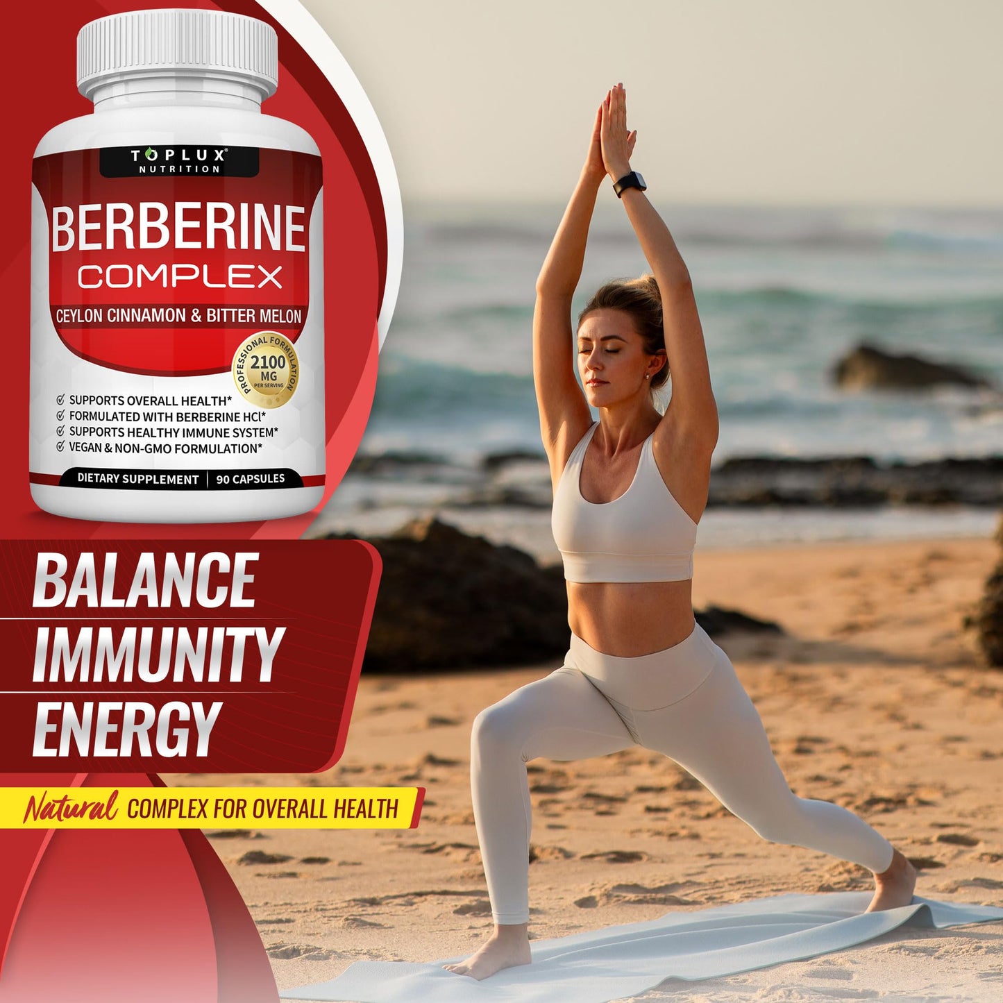 Toplux Berberine with Ceylon Cinnamon and Bitter Melon 2100mg - High Purity 97% HCL Berberine Supplement, Supports Overall Health & Immune System, Non-GMO Vegan 90 Capsules - Medaid International