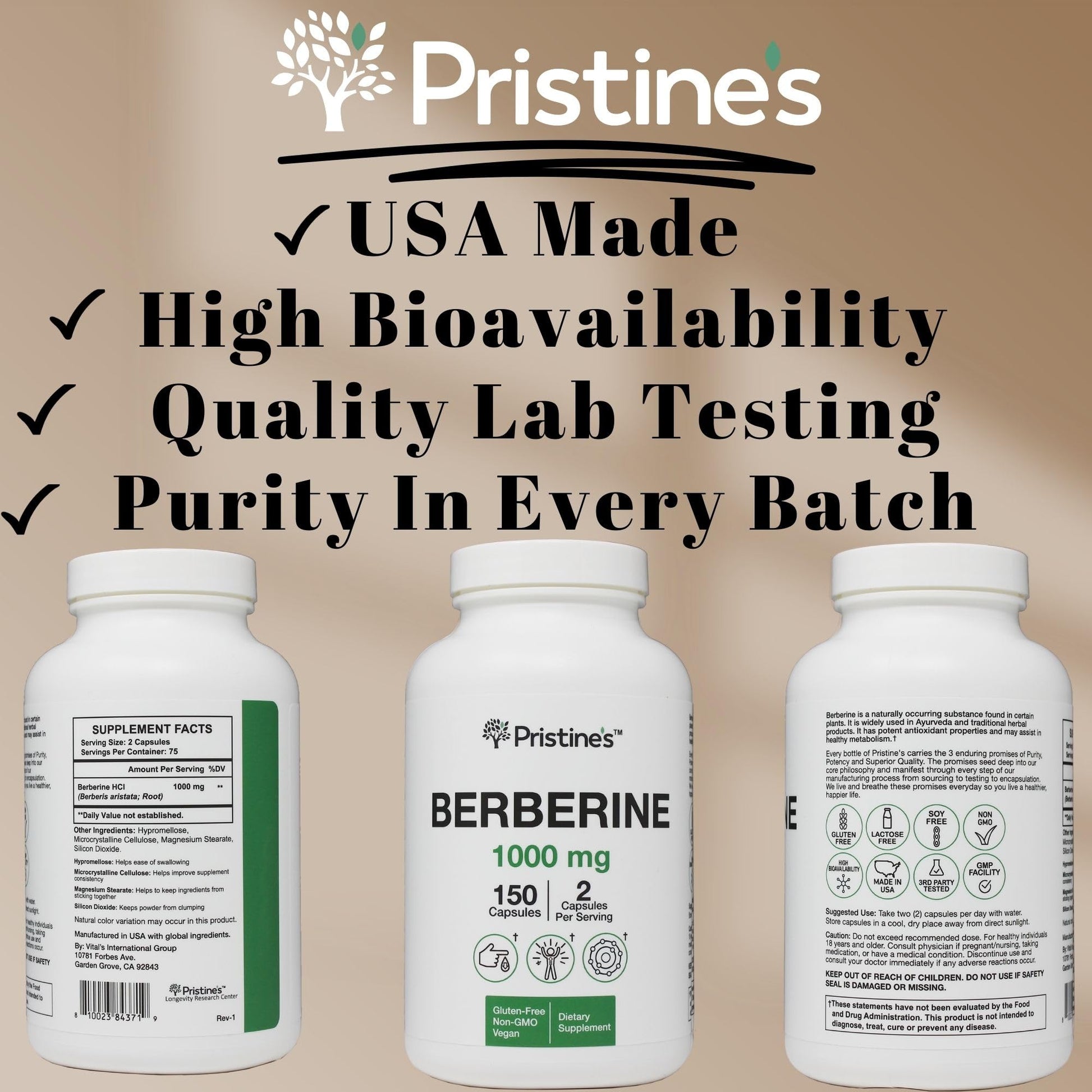 PRISTINE'S Berberine Supplement Capsules - 1000 MG 75 Day Supply 150 Capsules - Heart, & Immunity Health Support Antioxidant - Digestive Tract & Healthy Gut Flora Support - Medaid International