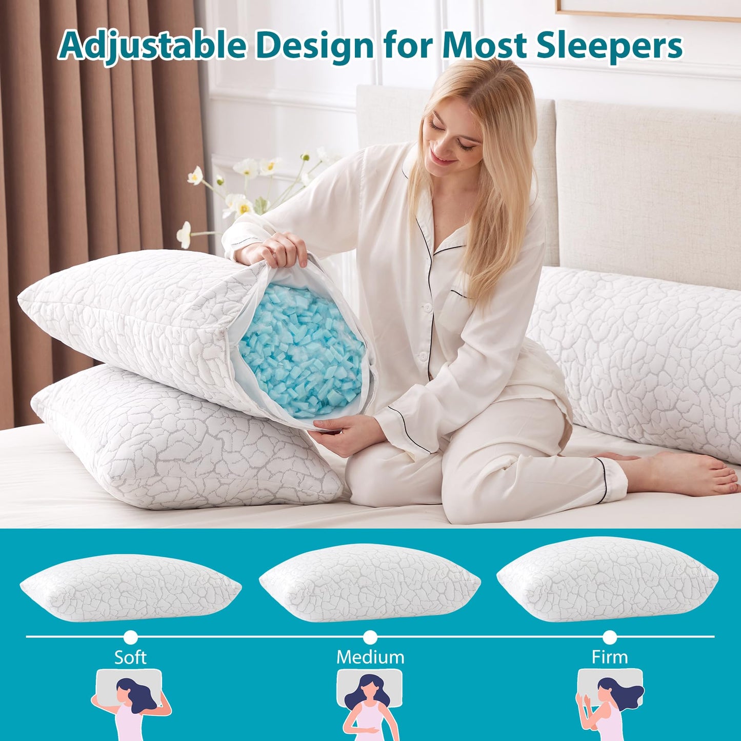 WGAKCED Cooling Pillows for Sleeping 1 Pack, Standard Size Adjustable Shredded Memory Foam Pillows, Firm Bed Pillows for Side, Back, Stomach, Hot Sleepers, Cold Single Pillow for College Dorm Room - Medaid International