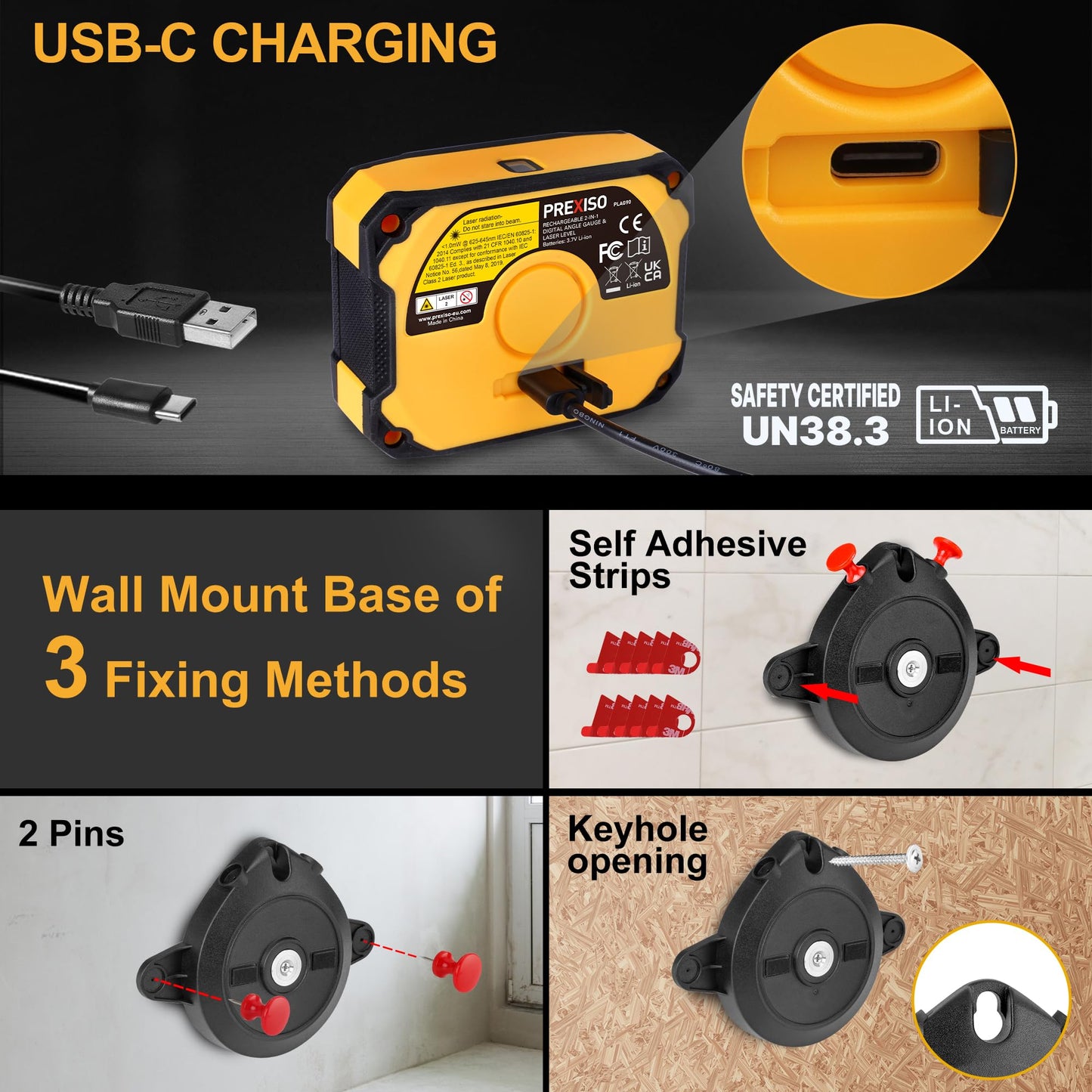 PREXISO 3-in-1 Multi Surface Laser Level with Digital Angle Gauge Magnetic, Rechargeable Digital Level with Wall Mount Base, 0-90° & 0-180°, Angle Finder Cross Line for Woodwork, Saw, Hanging Frames - Medaid International