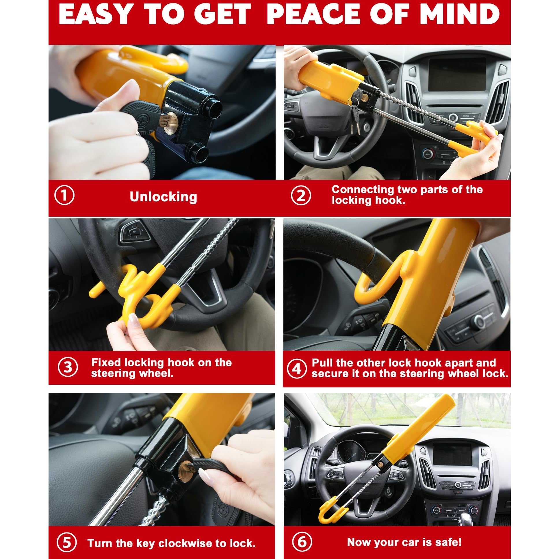 Tevlaphee Steering Wheel Lock - Heavy Duty Antitheft Device and Car Security Lock with Adjustable Locking and 3 Keys - Great Vehicle and Truck Deterrent (Yellow) - Medaid International
