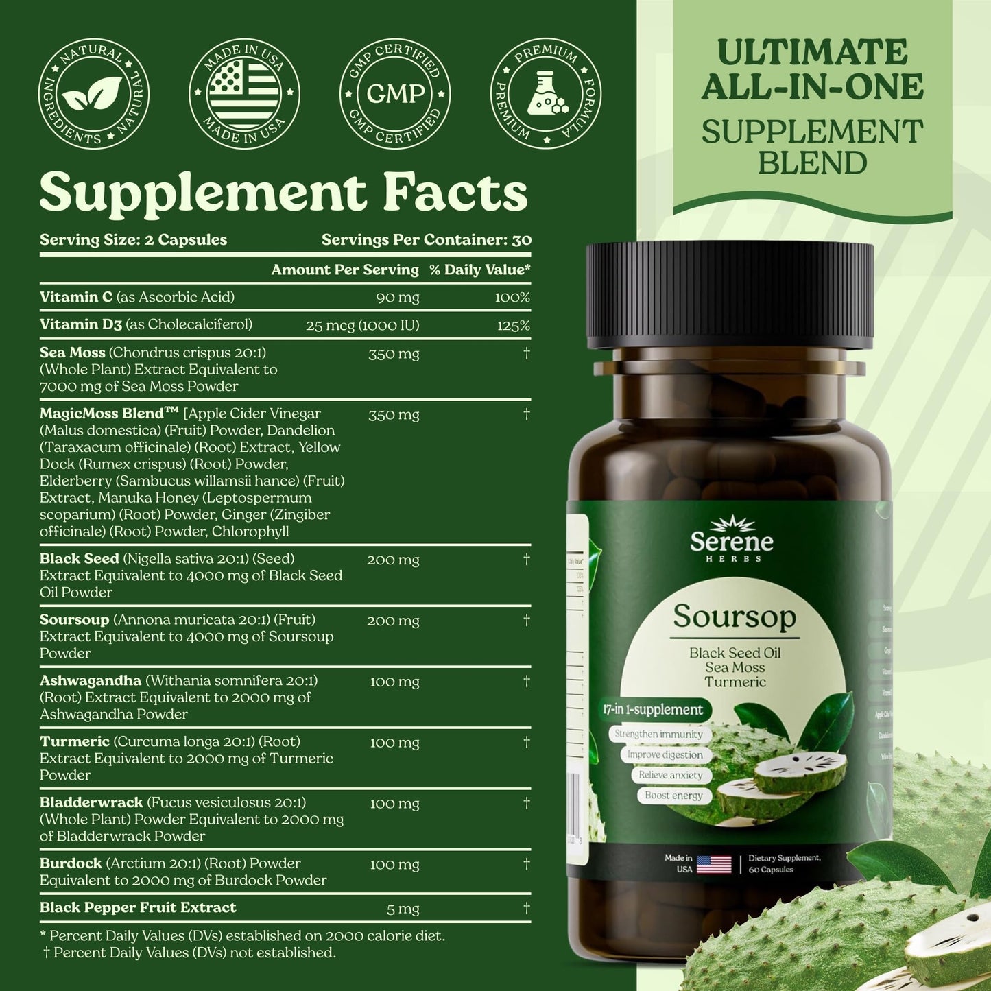 Serene Herbs 17-in-1 Sea Moss Capsules with Irish Seamoss, Black Seed Oil, Ashwagandha, Turmeric & Bladderwrack - Advanced Immunity, Energy & Gut Support - Natural Herbal Supplement - 60 Count - Medaid International