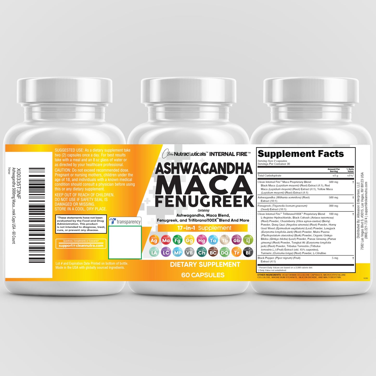 Clean Nutraceuticals Ashwagandha Maca Root Fenugreek Supplement with Tongkat Ali Ginseng - Assists with Stress, Mood & Thyroid - Ashwagandha Capsules Fenugreek Caps - 1 Pack - Medaid International
