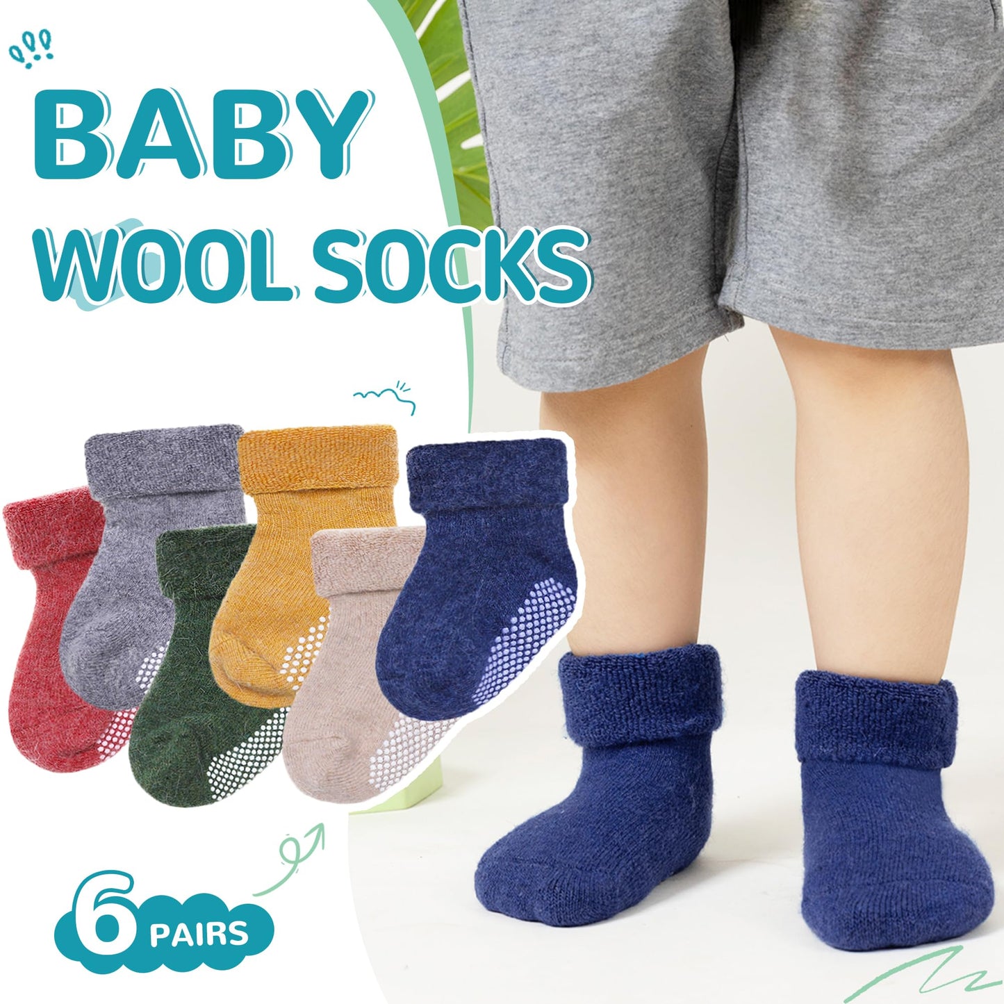 Eocom 6 Pairs Baby Boy Girl Non Slip Socks Child Toddler Winter Thick Soft Wool Kids Warm Socks with Grips (Solid Color B, 3-5T) - Medaid International