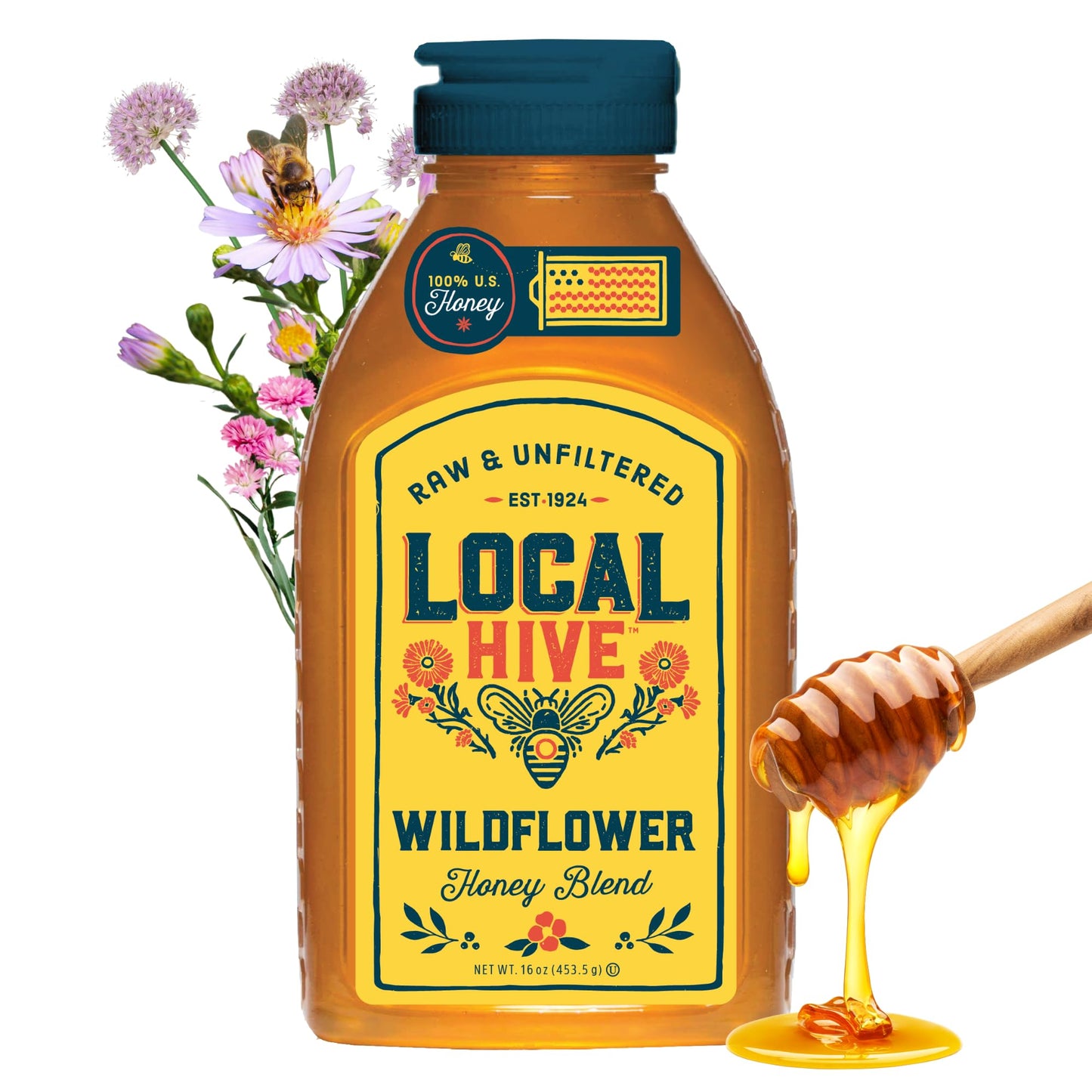 Local Hive Wildflower Raw Unfiltered Honey – 16oz, 100% Pure US Honey, Sourced from American Bees and Beekeepers - Natural Sweetener, Ideal for Tea, Baking, and Cooking - Medaid International