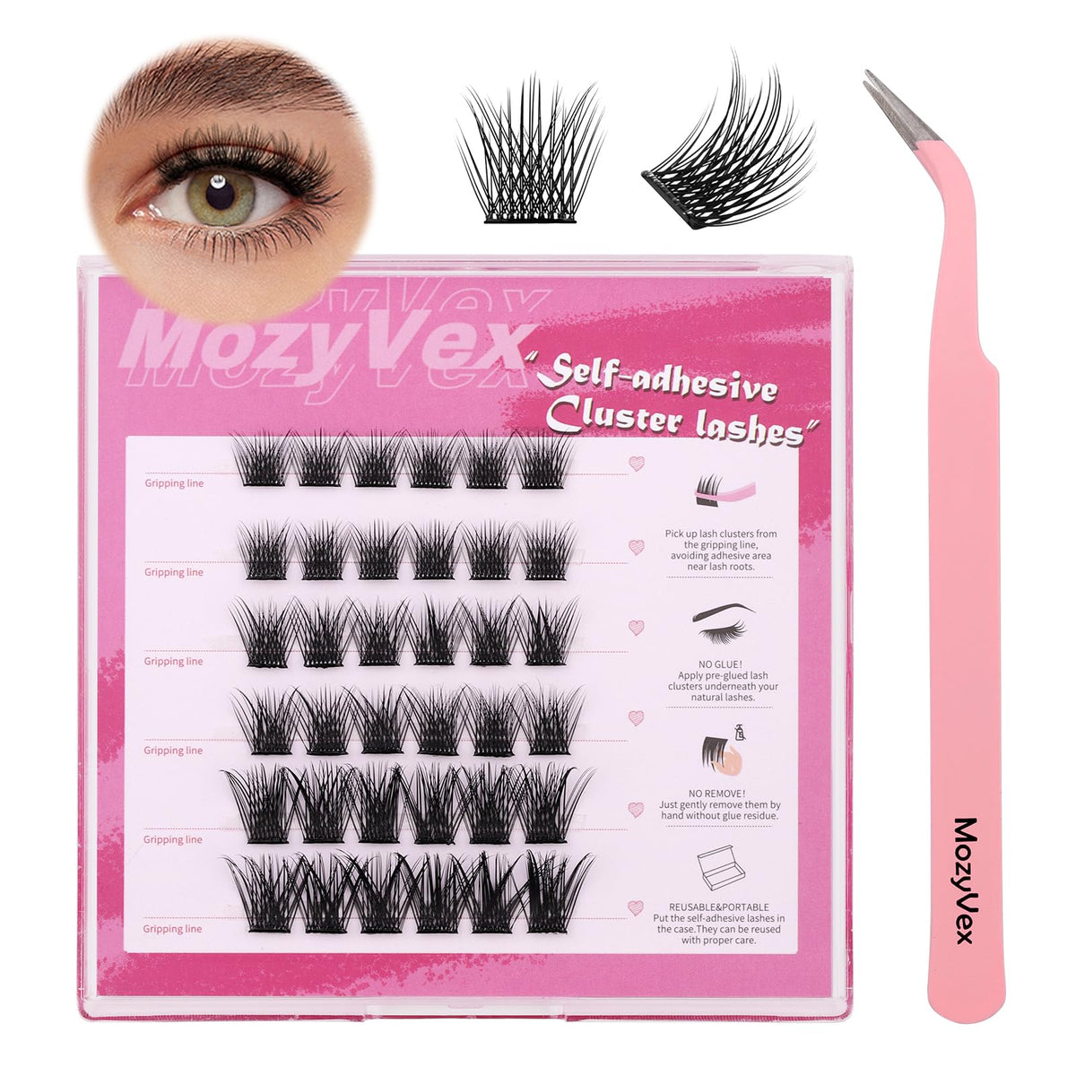 36pcs Self Adhesive Lash Clusters Reusable DIY Eyelash Extensions - D Curl 10-16mm Pre-Glued Lash Clusters No Glue Needed, Includes Tweezers for 1-STEP Easy Application