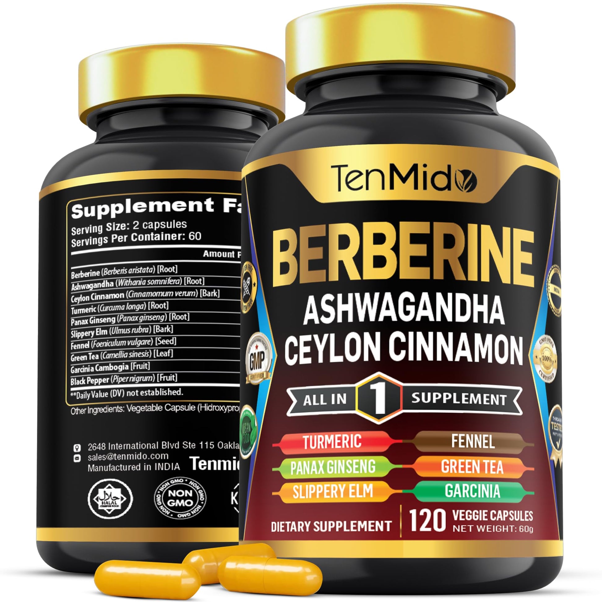Tenmido Berberine Supplement - 10in1 Formula with Ashwagandha, Ceylon Cinnamon, Turmeric, Panax Ginseng, Slippery Elm, Fennel, Green Tea, & More - Immune, Digestive Support - 120 Caps - Medaid International
