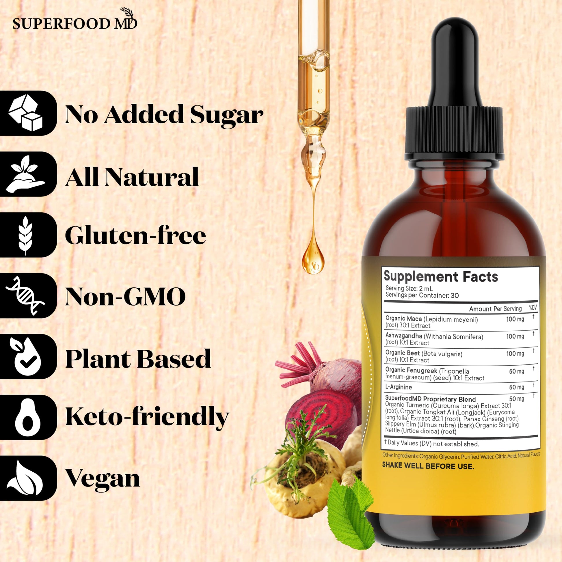 Superfood MD Maca Root Liquid Drops with Ashwagandha, Nettle, Fenugreek, Beet Root and L-Arginine Liquid Multivitamin for Women and Men - 4 Oz - Medaid International