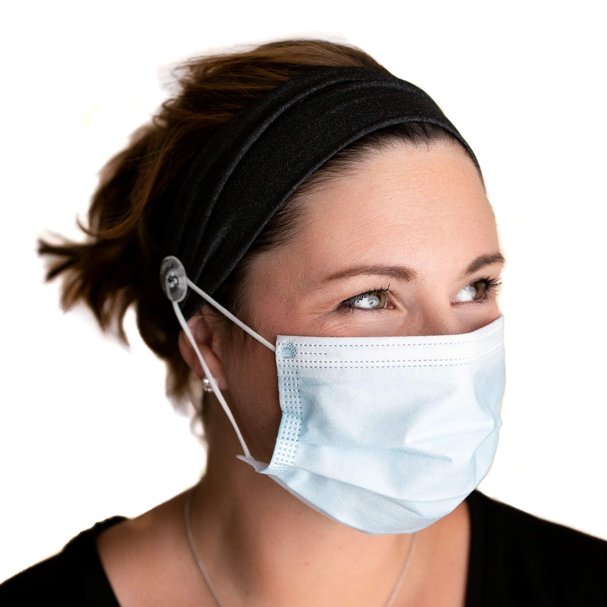 Three Little Tots Savior Band headbands with buttons for mask for nurses, going out to the gym, grocery store or other places to protect your ears (Dark Gray) - Medaid International