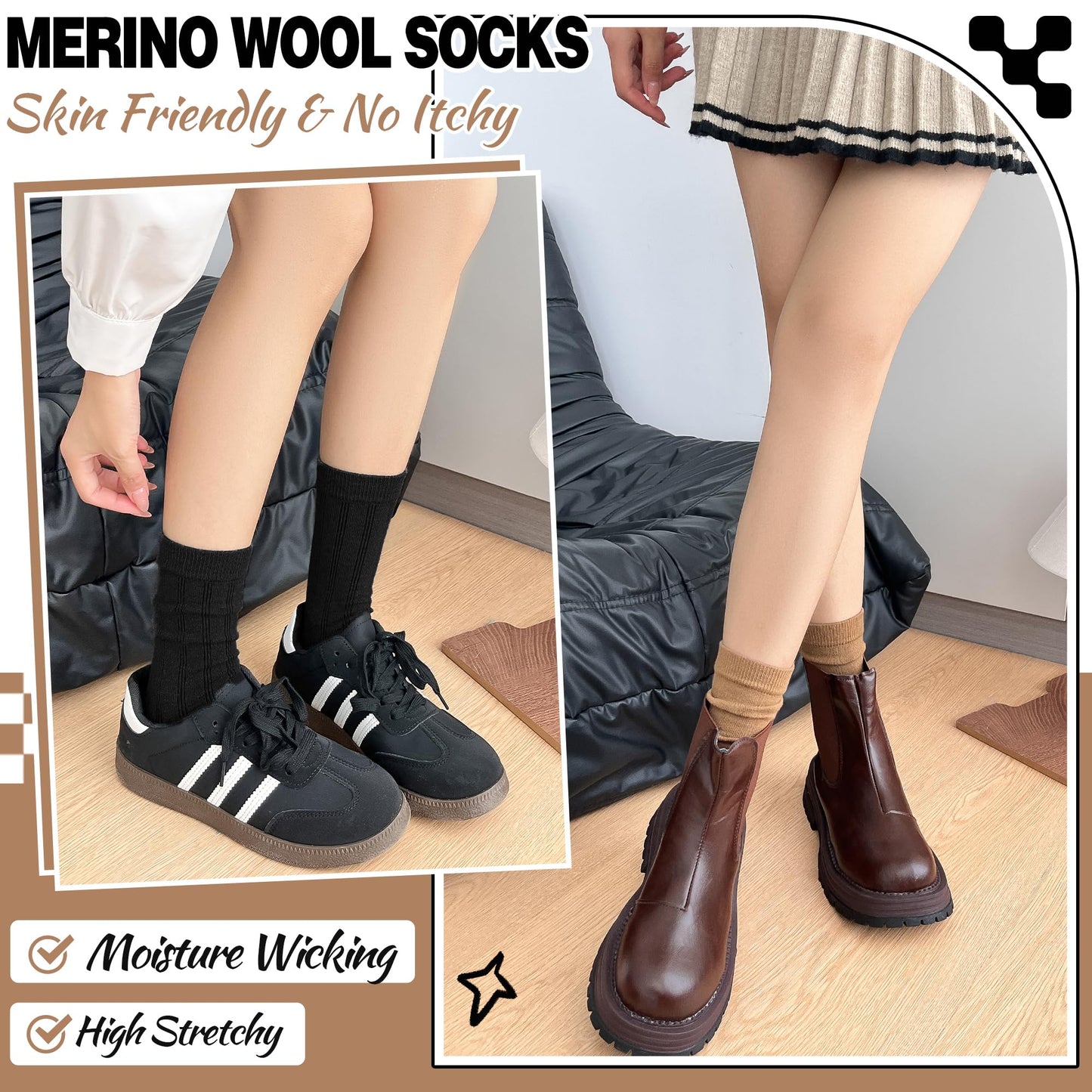 MOGGEI Thin Merino Wool Boot Socks for Women Warm Winter Cozy Comfy Work Socks 5 Pairs Gifts Stocking Stuffers(Khaki/Coffee/Beige/Black,M) - Medaid International