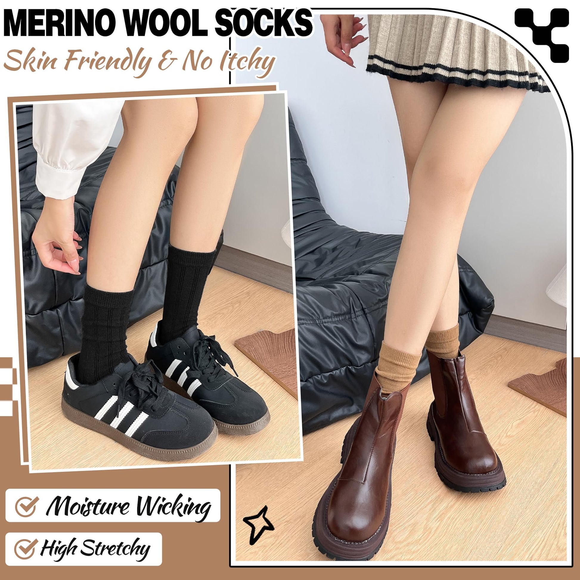 MOGGEI Thin Merino Wool Boot Socks for Women Warm Winter Cozy Comfy Work Socks 5 Pairs Gifts Stocking Stuffers(Khaki/Coffee/Beige/Black,M) - Medaid International