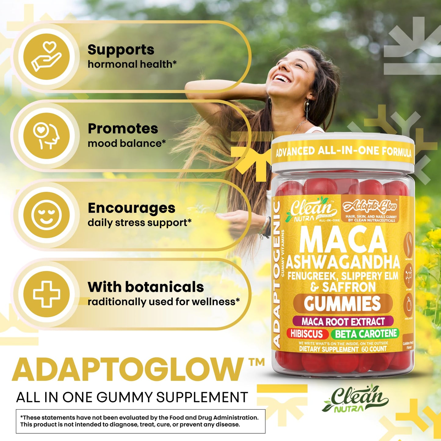 Clean Nutra Maca Root Gummies Ashwagandha Fenugreek Slippery Elm Saffron Hibiscus Beta Carotene Vitamin A for Women Macaroot Extract 60 Gummies Vegan Adaptogen Supplement Gummy Non GMO - Medaid International