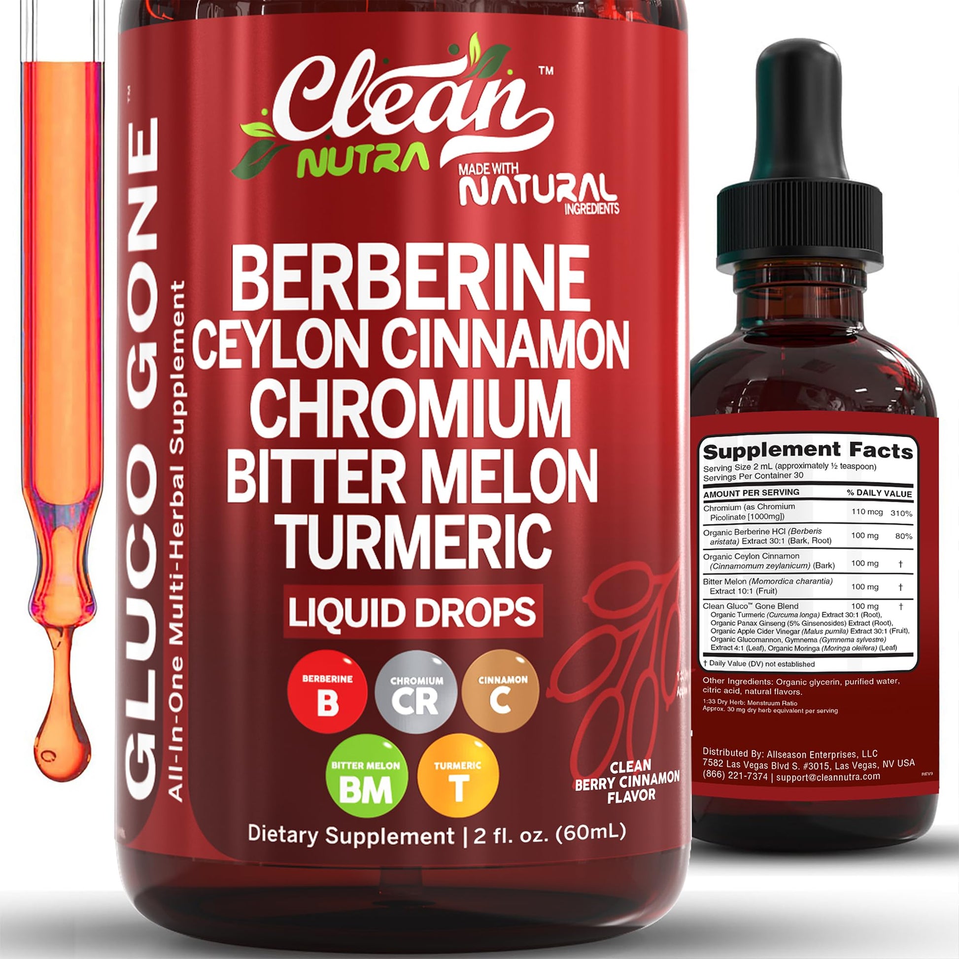 Clean Nutra Berberine with Ceylon Cinnamon Supplement Liquid Drops + Bitter Melon Extract, Glucomannan, Gymnema, Chromium, Turmeric, Organic Panax Ginseng, Moringa GLP-1 Support - Medaid International