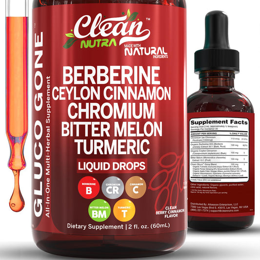 Clean Nutra Berberine with Ceylon Cinnamon Supplement Liquid Drops + Bitter Melon Extract, Glucomannan, Gymnema, Chromium, Turmeric, Organic Panax Ginseng, Moringa GLP-1 Support - Medaid International