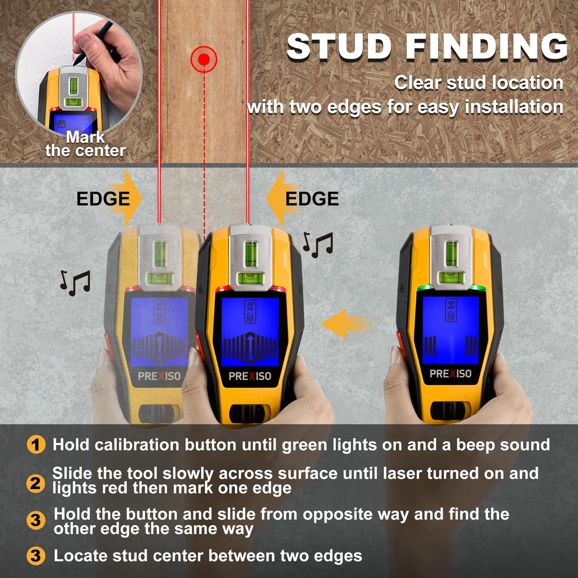 PREXISO 2-in-1 Stud Finder with Laser Level, Rechargeable Multi Surface Cross Line Laser & Wall Stud Scanners Tool for Hanging Frames & Picture, Wood Ac Wire Metal Studs Joist Pipe Detection - Medaid International