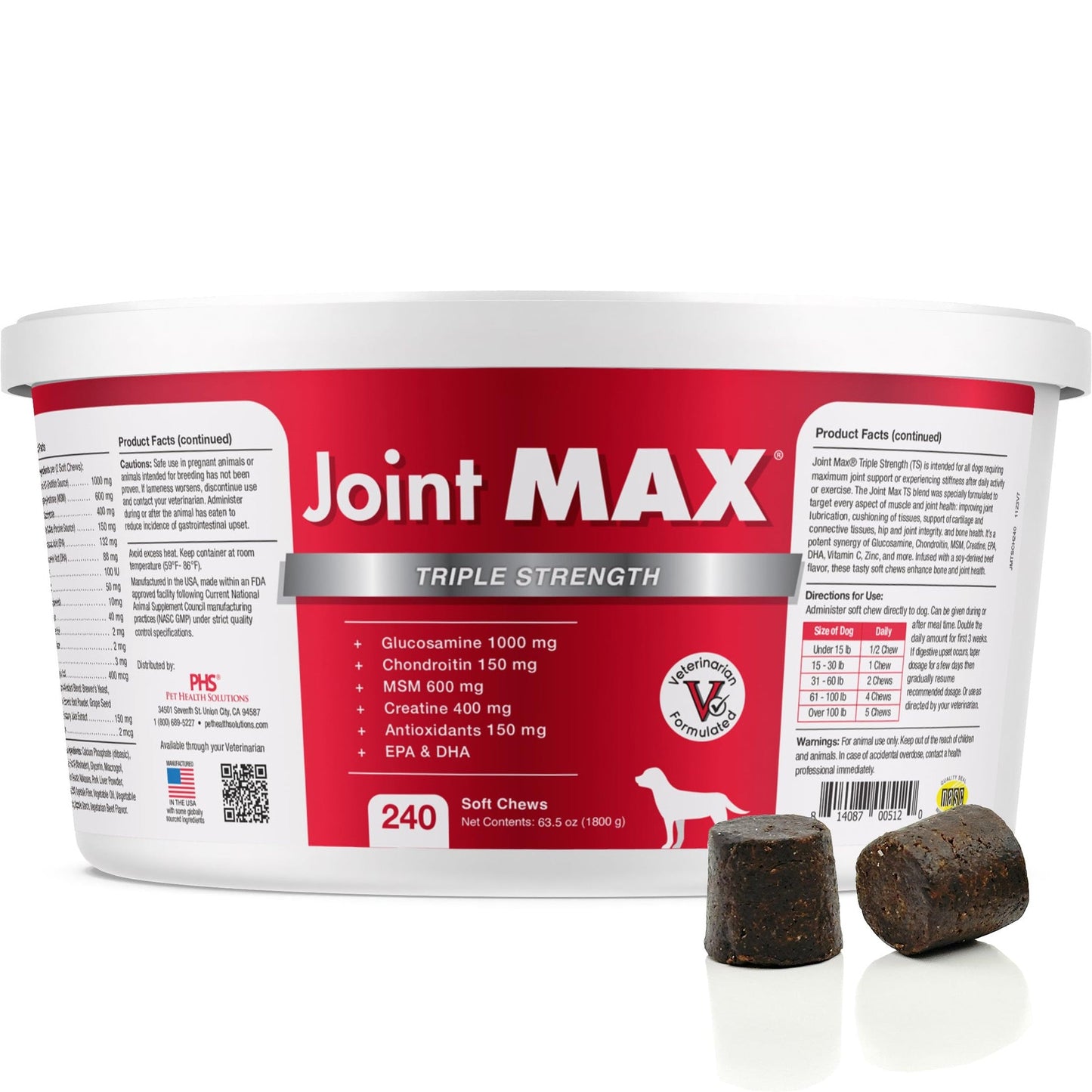 Joint MAX TS Joint Supplement Vet Formulated Pain & Inflammation Relief Treats Hip Dysplasia & Arthritis.Glucosamine, Chondroitin, Turmeric, MSM, HA, Creatine, Omega 3 EPA+DHA. All Dogs 240 Soft Chews