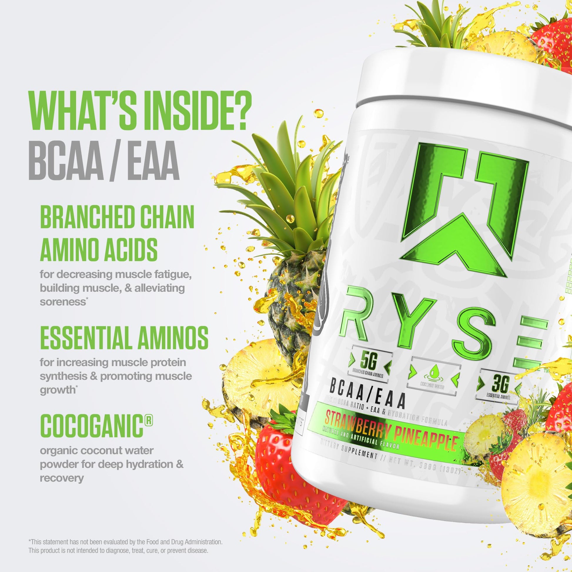 RYSE BCAA EAA Powder - Strawberry Pineapple - 5g Branched Chain Amino Acids, 3g Essential Aminos, Sugar-Free Electrolytes for Pre & Post Workout Muscle Recovery, Hydration and Strength - 30 Servings - Medaid International