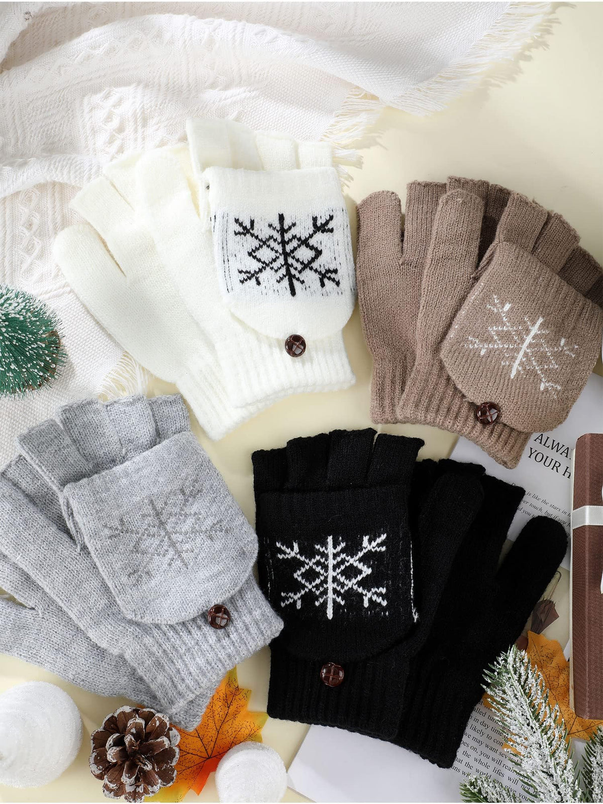 KASTWAVE 4 Pairs Women’s Winter Knitted Convertible Fingerless Gloves – Flip Cover Wool Mittens (White/Black/Gray/Khaki) | Warm Half-Finger Gloves for Typing/Writing/Chores, One Size Fits Most