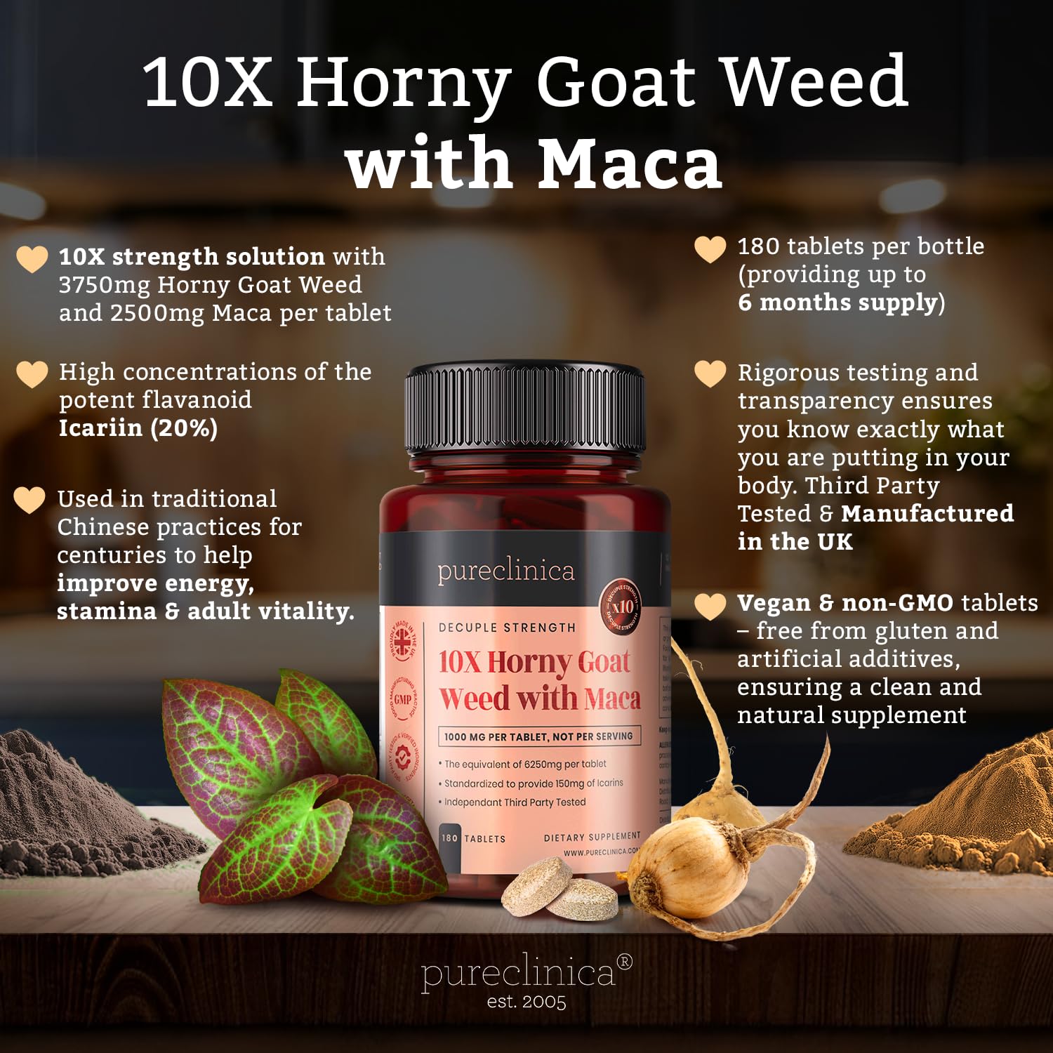 pureclinica 10X Horny Goat Weed & Maca Extract 6250mg x 180 Tablets (6 Months Supply) -10 X More Icariins - w/5mg Black Pepper Extract for 300% Increased Absorption - Medaid International