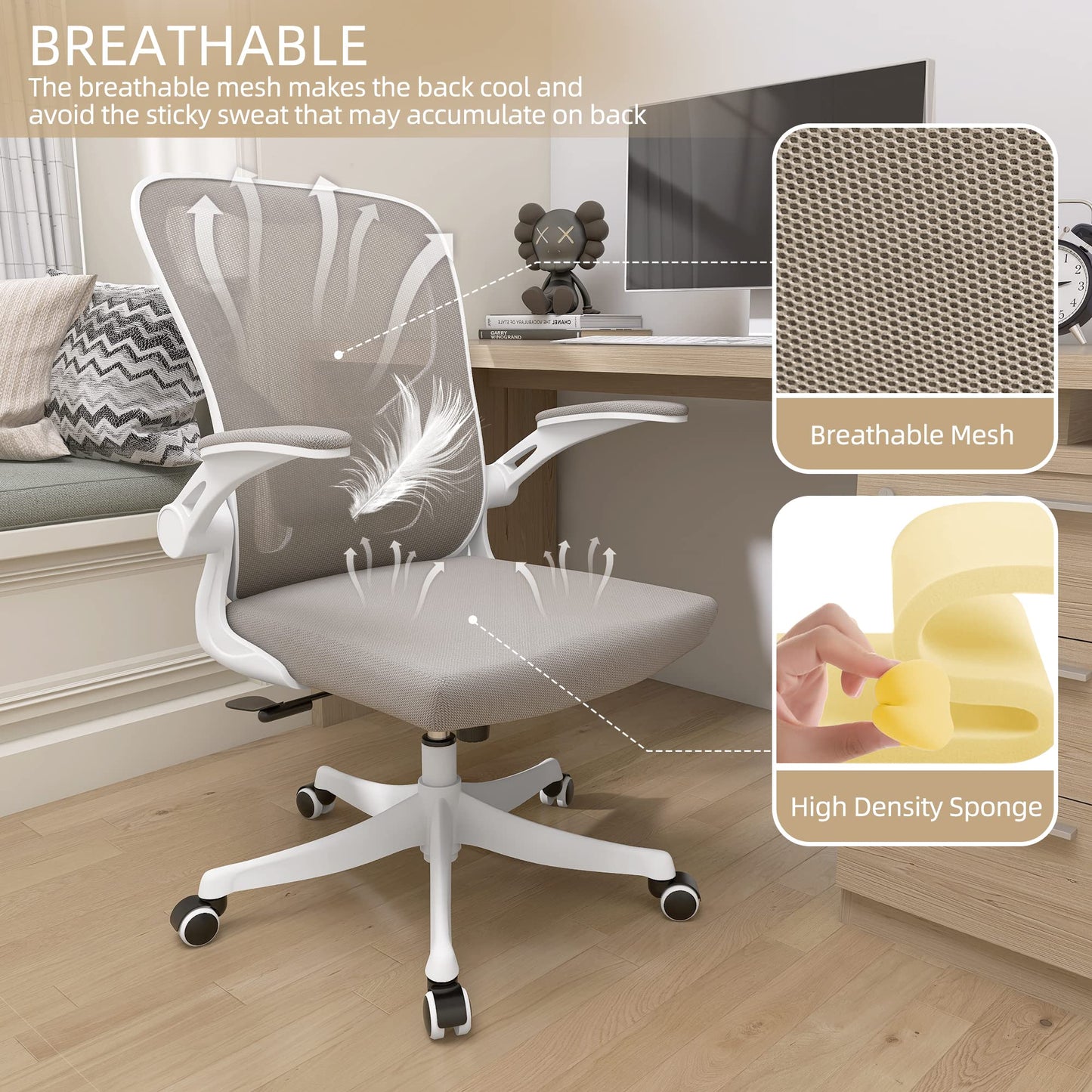 Monhey Office Chair Ergonomic Desk Chair with Lumbar Support&Headrest&Flip-up Arms Height Adjustable Rocking Swivel High Back Computer Chair Warm Taupe Mesh Study Chair (01Khaki) - Medaid International