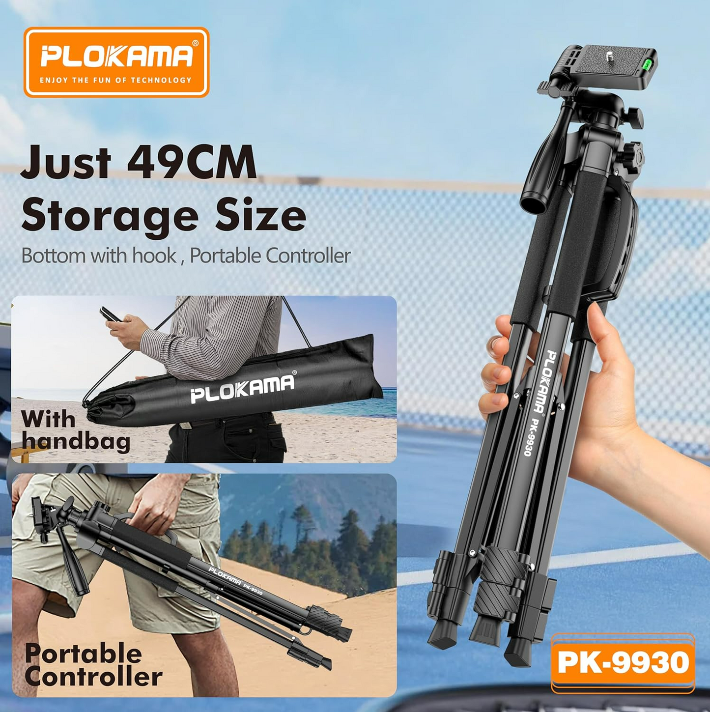 PLOKAMA Professional Tripod 150cm – 360° Rotation with Bluetooth Remote PK-9930