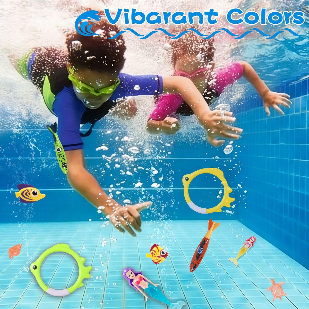 24 Pcs Diving Pool Toys for Kids, Mermaid Dive Toys Set with Underwater Fish, Dive Rings, Torpedo Bandits, Sinking Sea Animals with Storage Mesh Bag, Summer Pool Party Swimming Training Toys