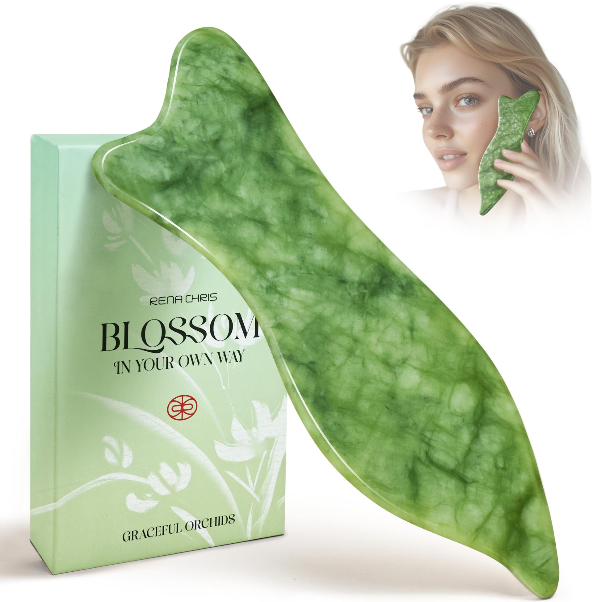 Rena Chris Natural Jade Gua Sha Facial Tools - Acupressure & Gua Sha for Face Massage, Jawline Sculpting, Puffiness Reduction, Skin Care Tool (Green) - Medaid International