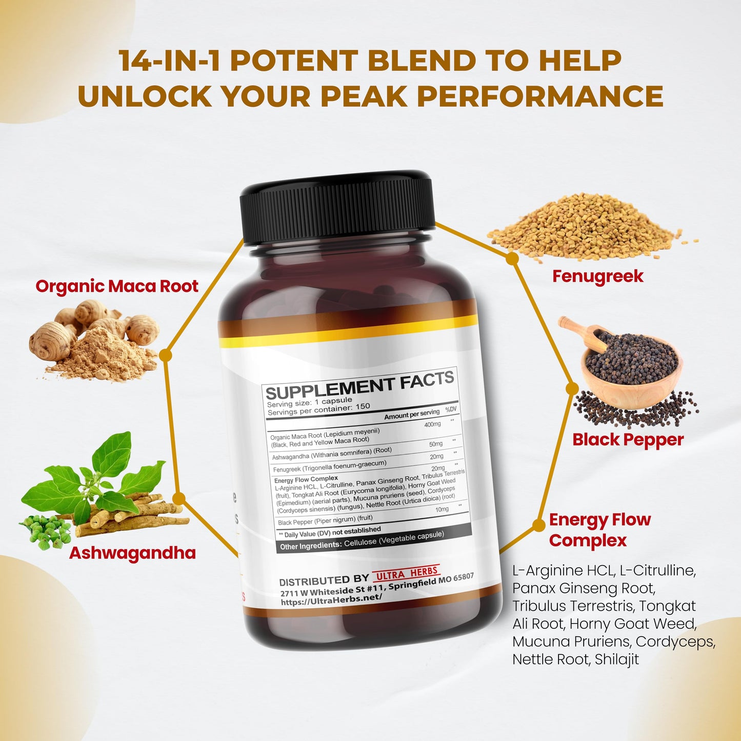 Peruana Maca Root Black, Red, Yellow | Maca Root Capsules Enhanced with Ginseng, Ashwagandha, Fenugreek | Support Stamina, Performance & Mood | 150 Capsules - Medaid International
