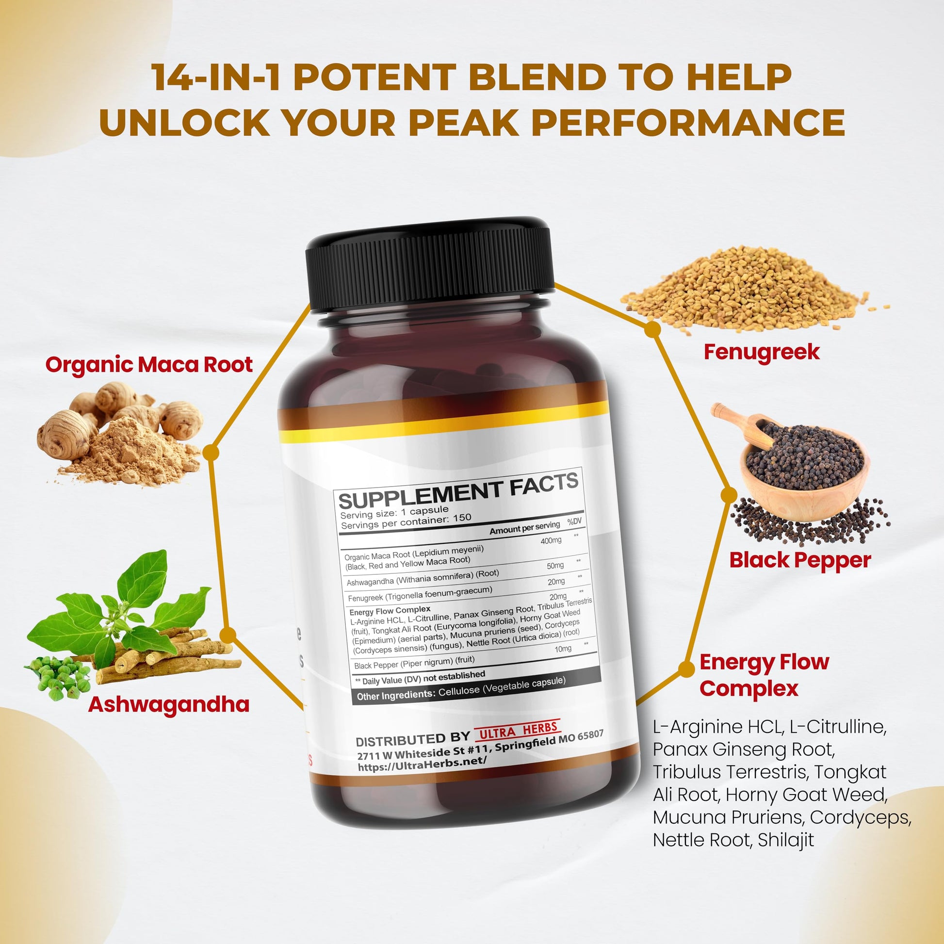 Peruana Maca Root Black, Red, Yellow | Maca Root Capsules Enhanced with Ginseng, Ashwagandha, Fenugreek | Support Stamina, Performance & Mood | 150 Capsules - Medaid International