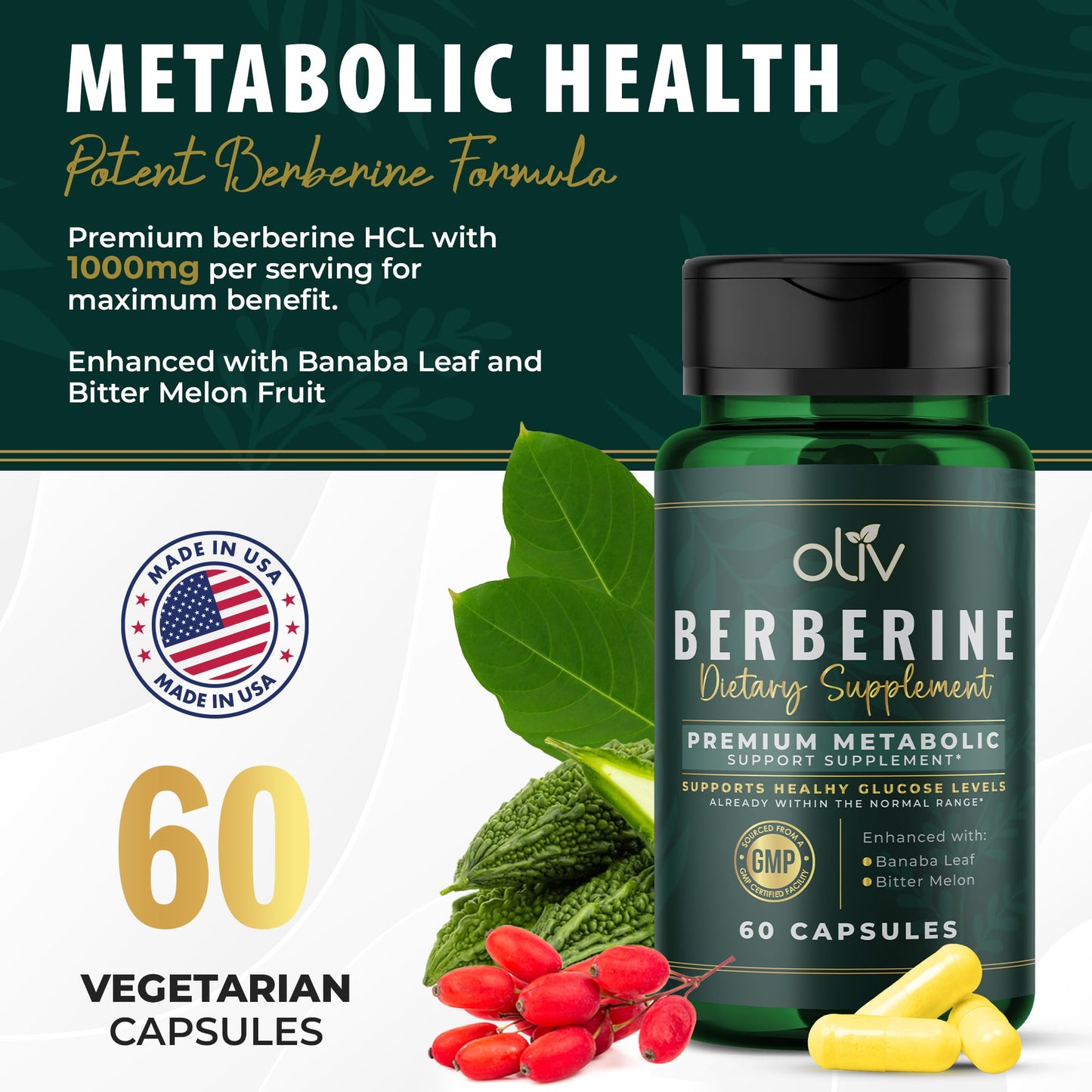 oliv Pure Berberine Supplement Capsules – Berberine HCI 1000mg - Natural Metabolic Support with 200mg Bitter Melon Fruit Extract and 50mg Banaba Leaf – 2 Veggie Capsules Daily (30 Servings) - Medaid International