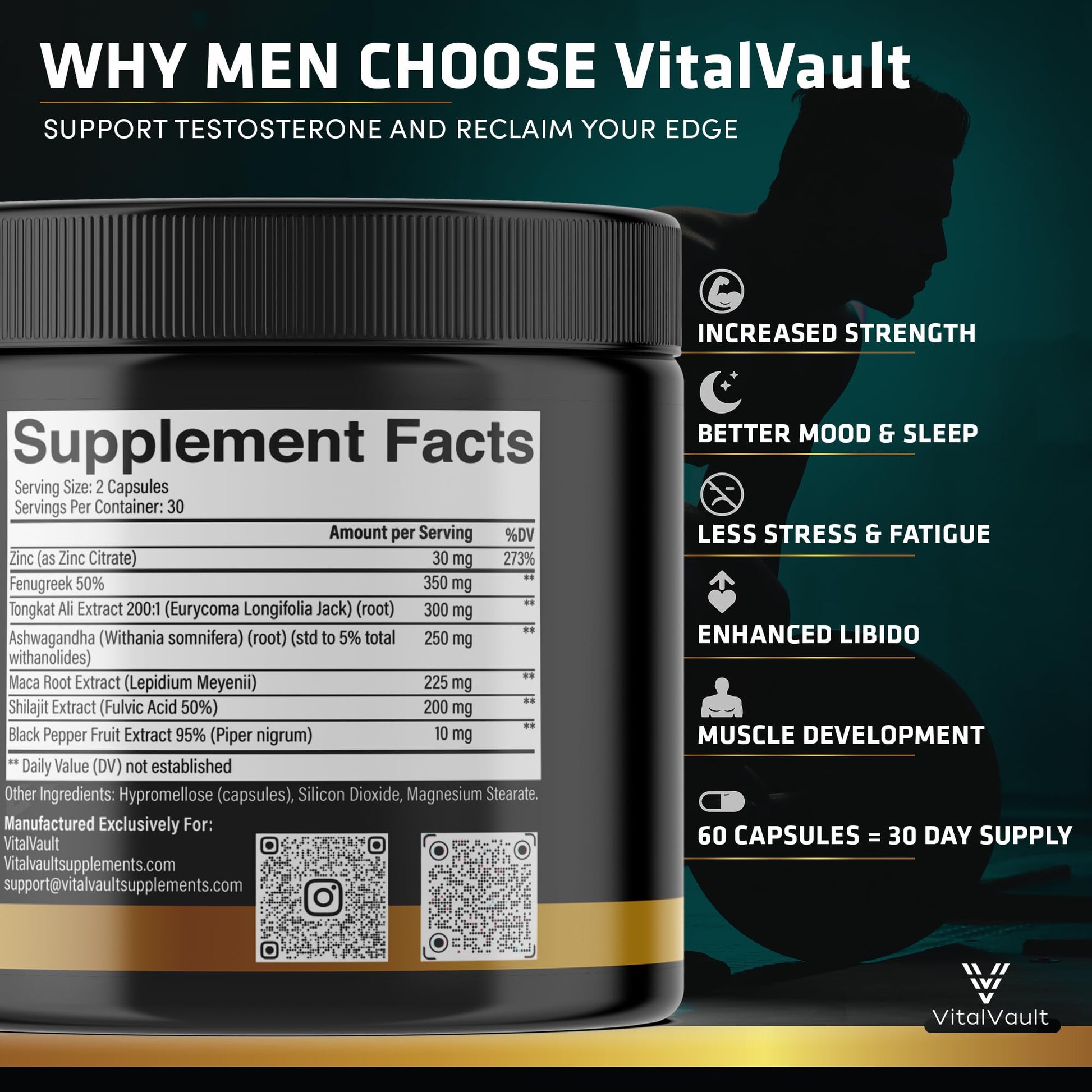 VitalVault 7-in-1 Testosterone & Strength Support - Natural Supplement for Men with Ashwaganda, Shilajit, Fenugreek, Maca Root, Tongkat Ali, Black Pepper & Zinc - 1 Month Supply (60 caps) - Medaid International