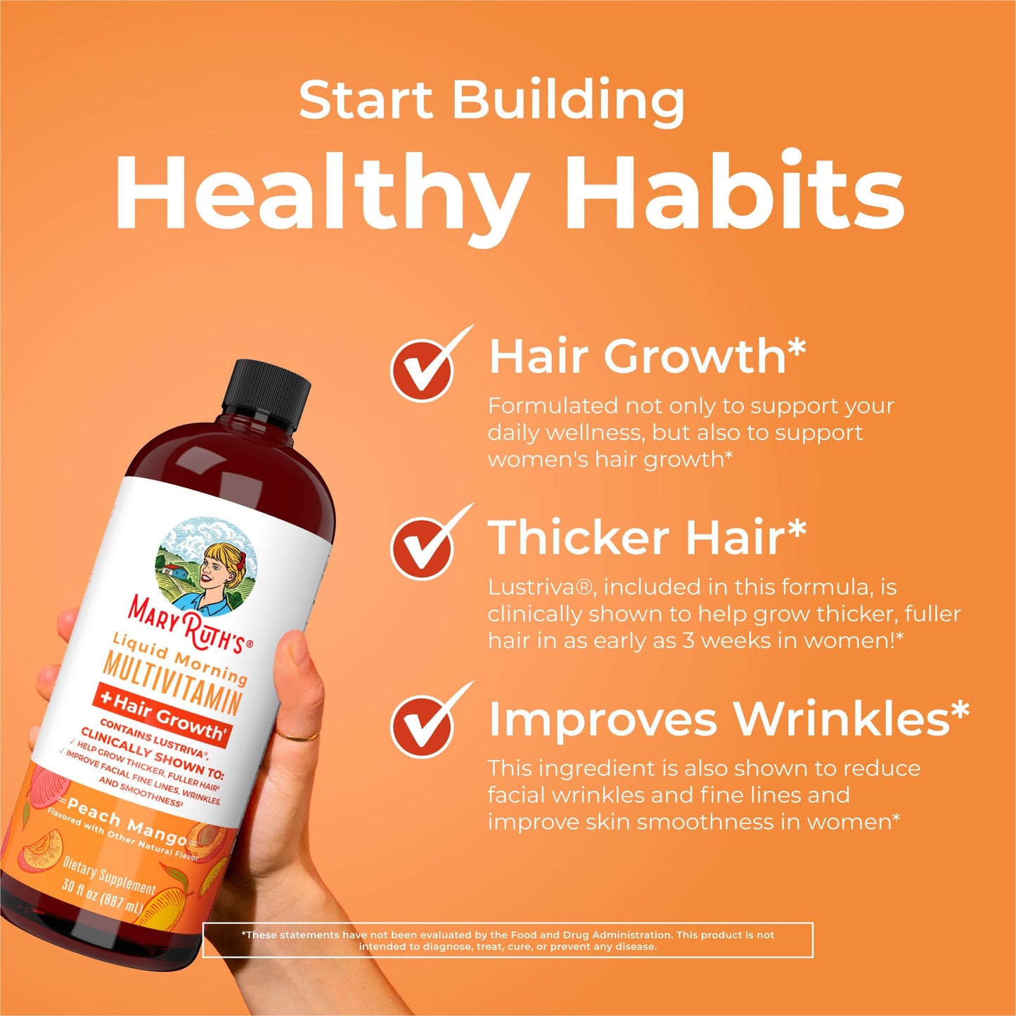 MaryRuth Organics Liquid Multivitamin+Hair Growth | Clinically Tested for Thicker Hair & Facial Wrinkles in Women | Biotin 10000mcg | Lustriva Hair Growth Supplement | Skin Care | Age 18+ | 30 Fl Oz - Medaid International