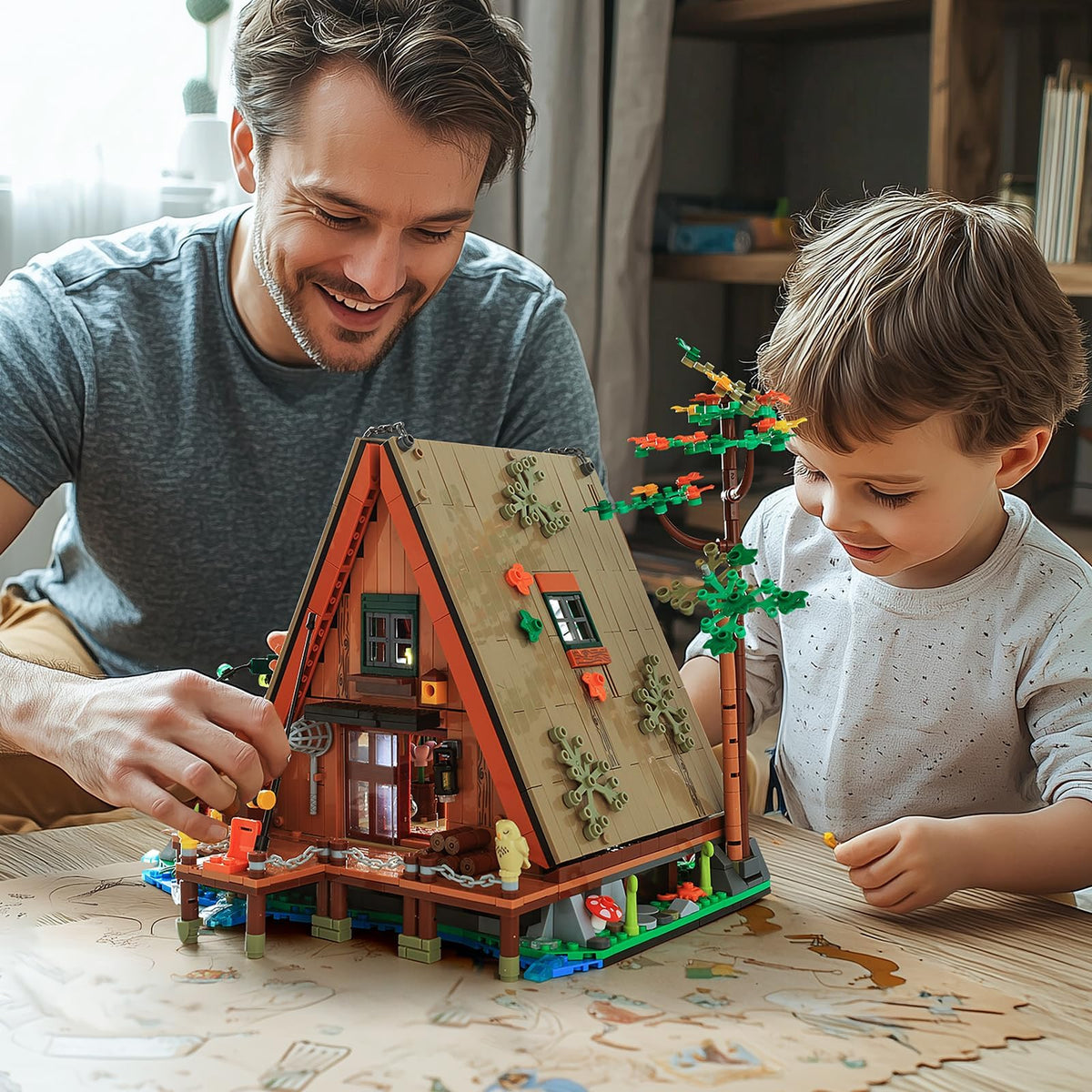 KASTWAVE Wood Cabin Mini Building Block, 1486 Pcs Creative Forest Cabin Building Bricks Set with Light Effect, STEM Architecture Toys Kit, Gift for Kids Boys and Girls Ages 8