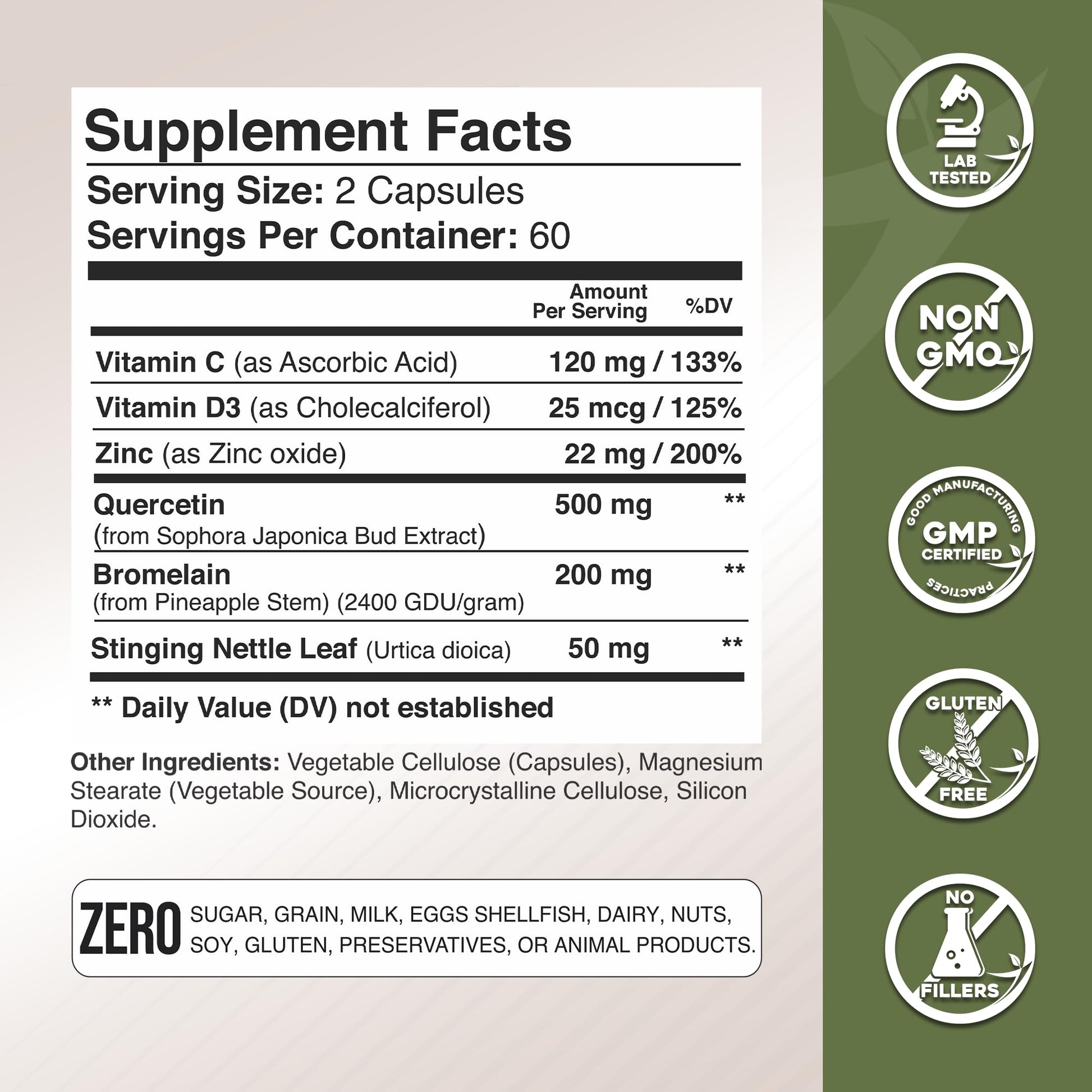 Quercetin with Vitamin C and Zinc - Nettle Quercetin - Quercetin 500mg - Quercetin with Bromelain - Zinc Quercetin + Vitamin D3 - 120 Veggie Caps - (Non-GMO, Gluten-Free, Vegan) - 2 Month Supply - Medaid International