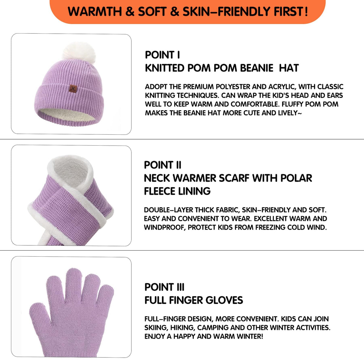 KASTWAVE Kids Beanie Hat Scarf Set, Kids Winter Hat Scarf Gloves Set, 3 in 1 Thermal Knit Hat Scarf Gloves Set with Double Layer Fleece Lining, for Toddler Boys Girls for 1-6 Years Old Kids (Purple)