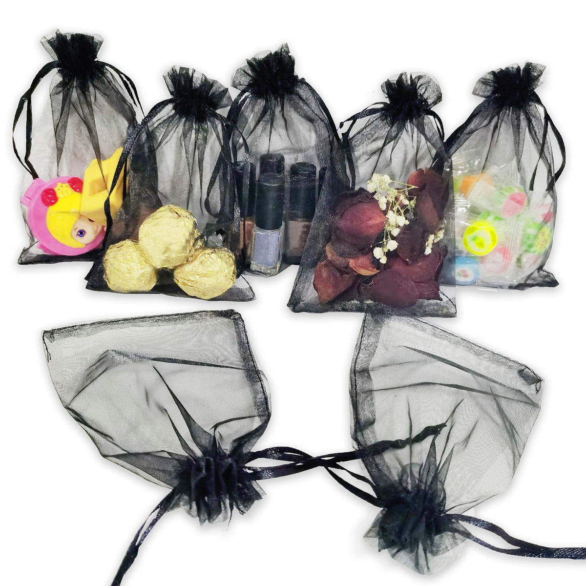 KASTWAVE 50Pcs Organza Gift Bags Jewellery Pouches, 10x15cm Black Mesh Candy Favour Bag for Wedding Party Favors Festival Game Drawstring Pouch