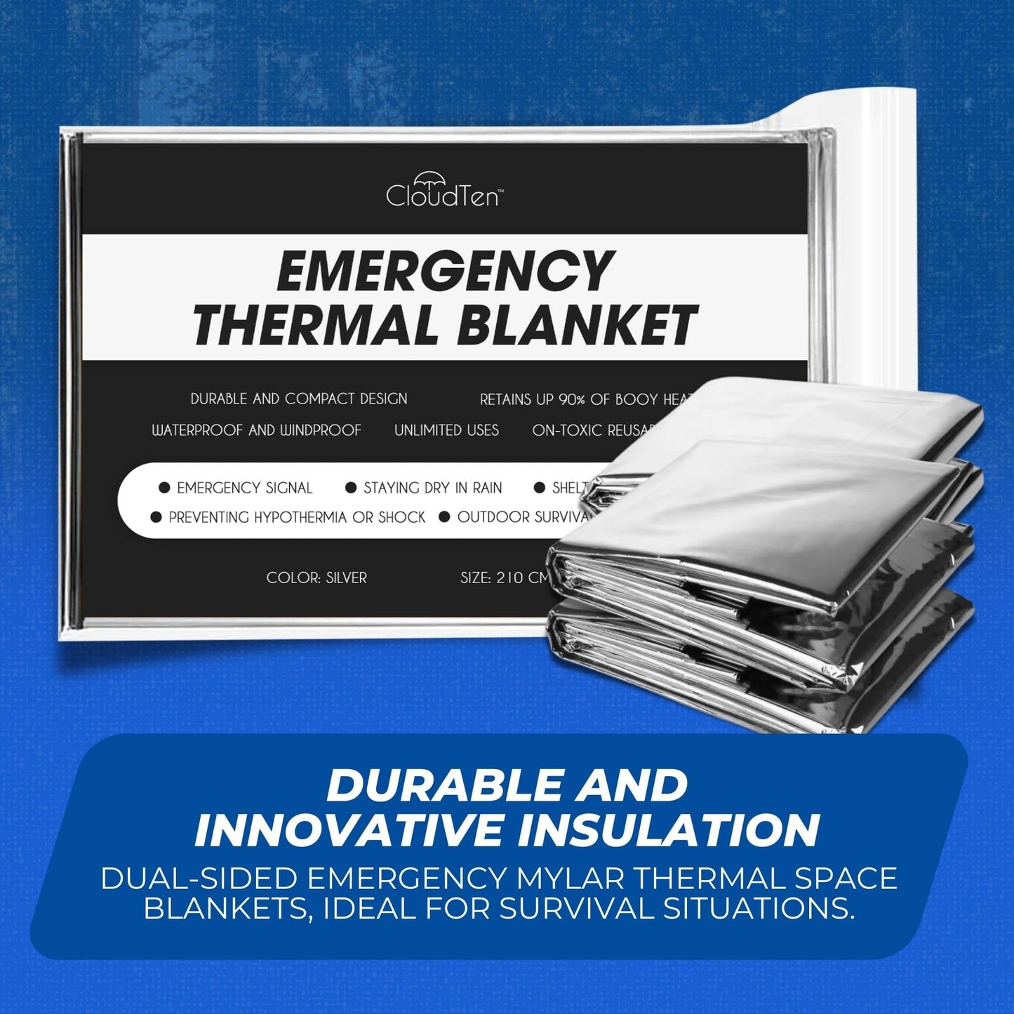 CloudTen Premium Quality Emergency Blanket Bundle | 10 Tear Resistant Blankets Plus Emergency Whistle | Reusable Emergency Mylar Blankets for Survival Gear and Supplies or Camping Essentials