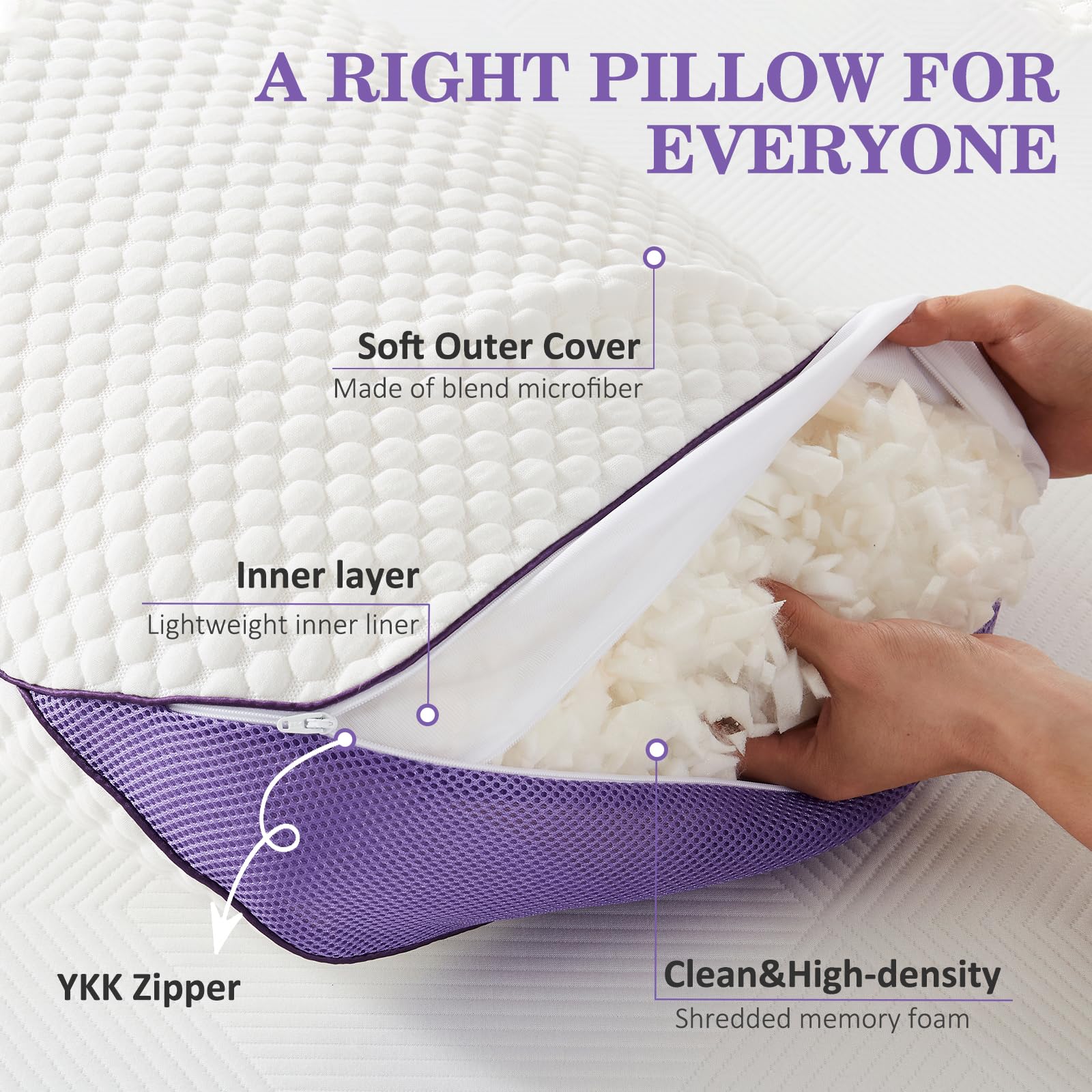 HOMELAB Adjustable Shredded Memory Foam Pillow Queen Size, Cooling Bed Pillow for Sleeping with Removable Cover, Medium Pillow for Side Stomach & Back Sleepers, 1 Pack 20"x28" - Medaid International