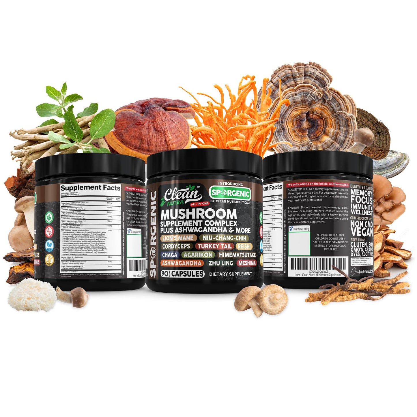 Organic Mushroom Supplement | Ashwagandha Lions Mane Cordyceps Turkey Tail Reishi Mushrooms Maca Root Black Hoof Chaga Tremella Agarikon Shiitake Oyster Powder Capsules Sporgenic by Clean Nutra (1) - Medaid International