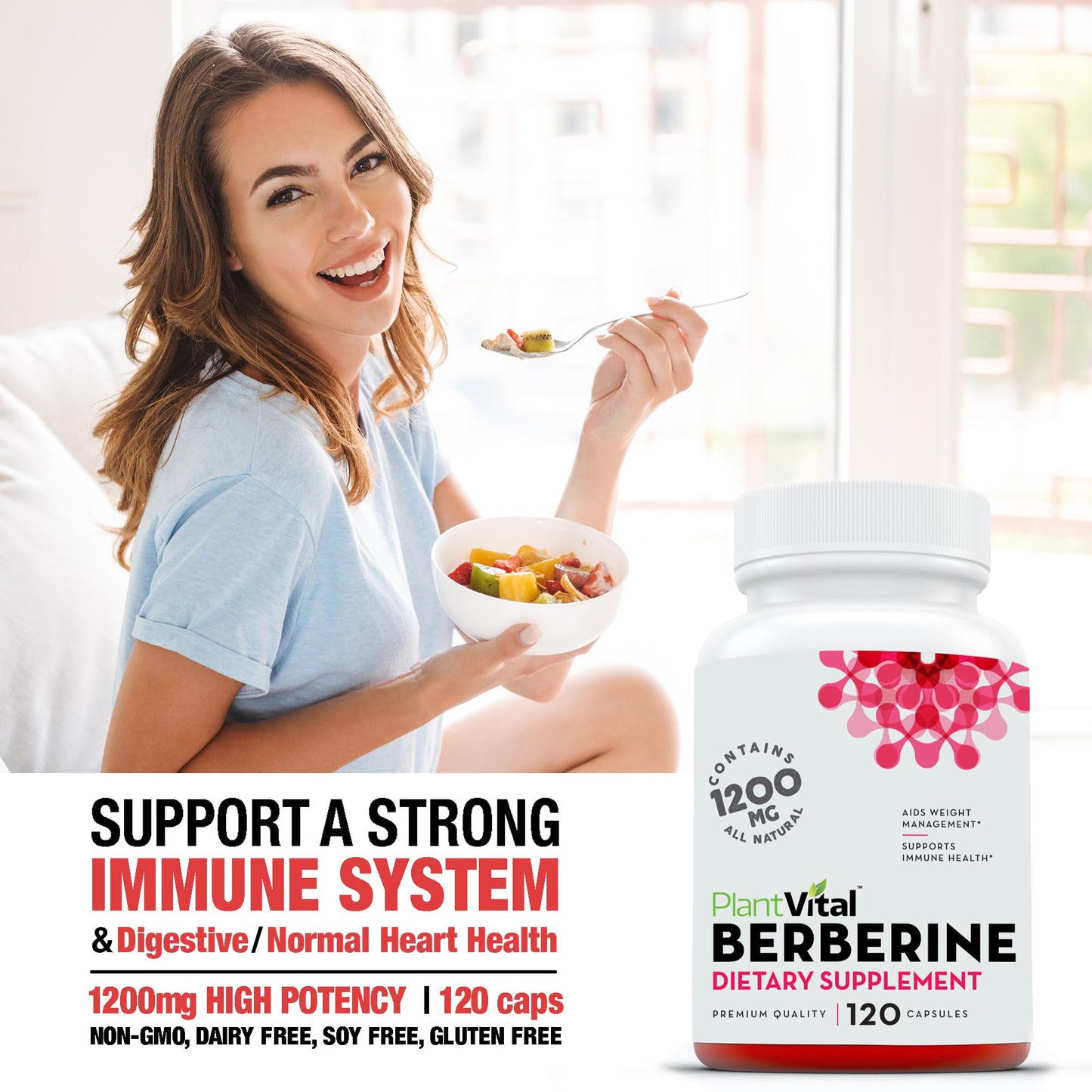 Plantvital Berberine 1200mg (2 caps) Non-GMO Supplement for Immunity Support and Normal Cardiovascular Health - 240 Count, Vegan, and Made in The USA - Medaid International