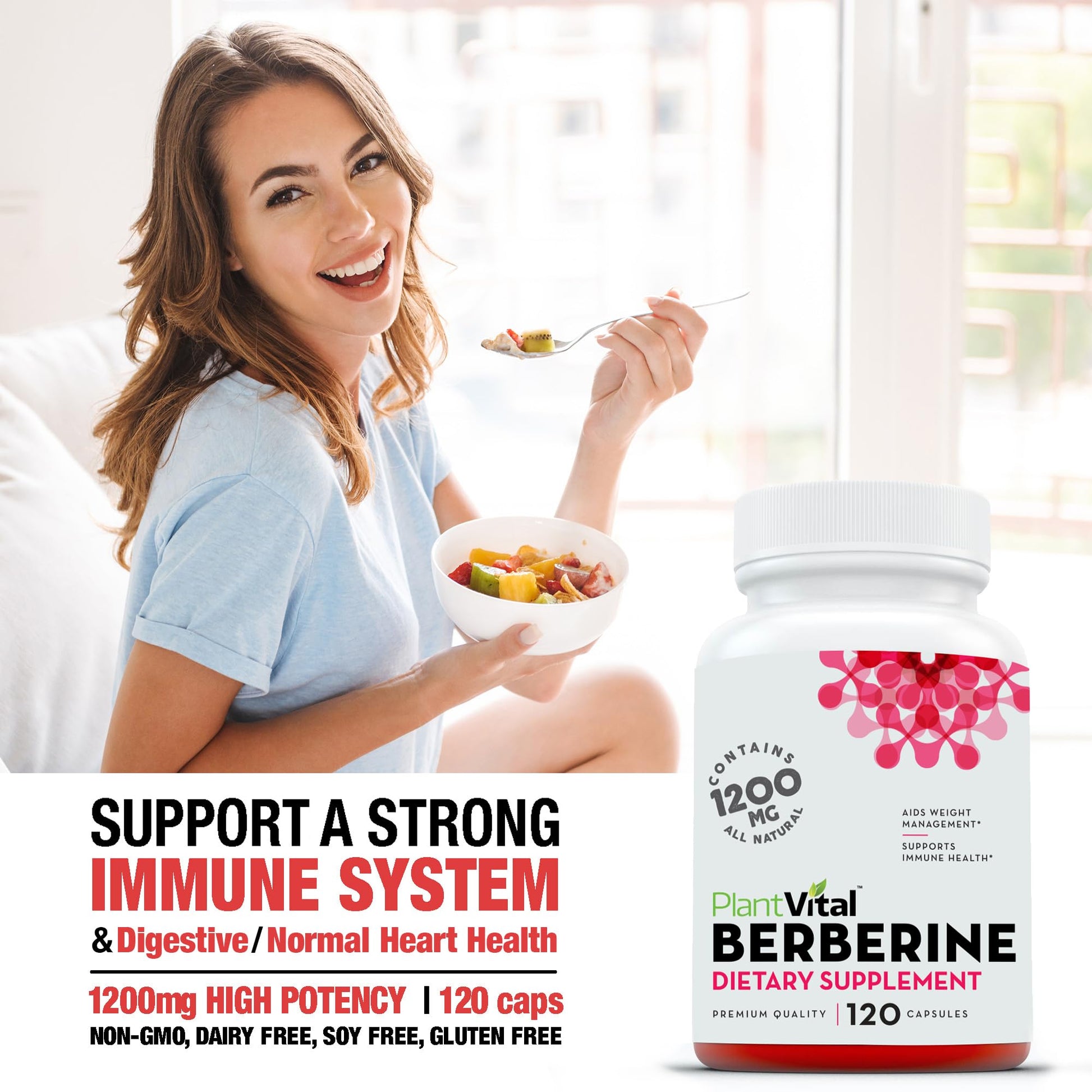 Plantvital Berberine 1200mg (2 caps) Non-GMO Supplement for Immunity Support and Normal Cardiovascular Health - 240 Count, Vegan, and Made in The USA - Medaid International